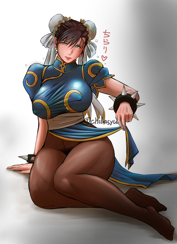 blush breasts brown_hair bun_cover capcom chiba_shuusaku chinese_clothes chun-li double_bun nipples_visible_through_clothing pantyhose pelvic_curtain solo solo_female solo_focus spiked_bracelet street_fighter thick_thighs thighs tunic