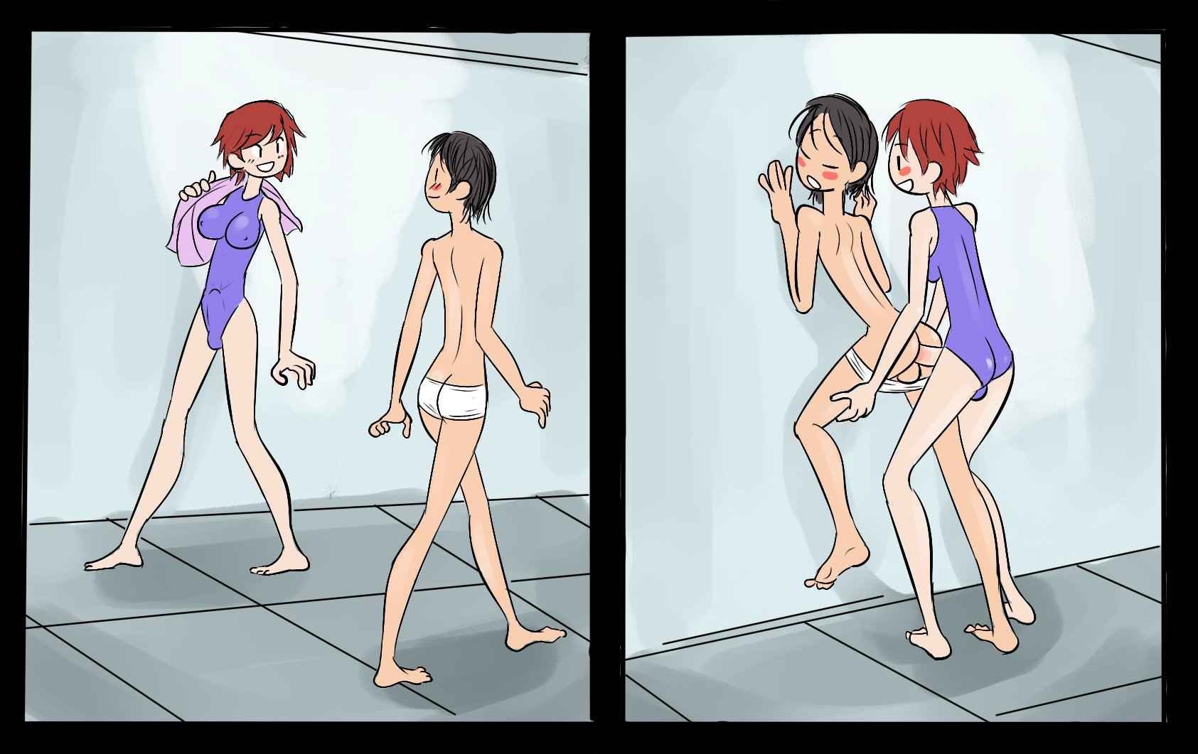 1boy, 1futa, 1girls, against wall, anal, anal sex, big breasts, black hair, blush, breasts, closed eyes, comic, erect nipples, erection, female, futa on male, futadom, futanari, imminent anal, imminent sex, intersex, leg grab, male, malesub, medium hair, mostly nude, nipples, nipples visible through clothing, one leg up, one-piece swimsuit, panties, panties down, penis, public, red hair, red7cat, short hair, stand and carry position, standing, standing on one leg, standing sex, straight, swimsuit, undressing