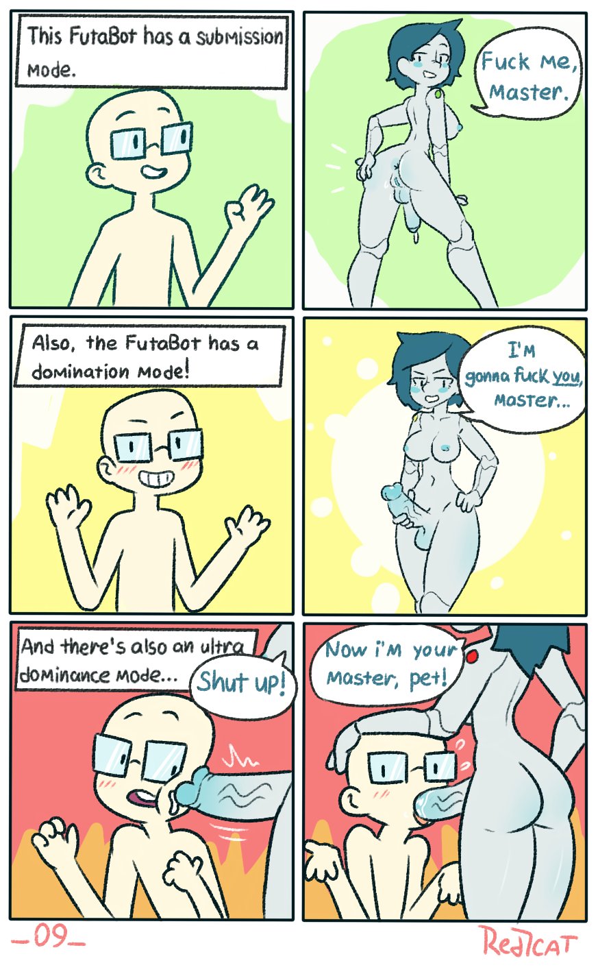 1futa, anus, comic, dialogue, dubious consent, english text, female, full-package futa, futa on male, futabot (red7cat), futadom, futadom caption, futanari, humanoid, humanoid penis, intersex, looking back, male, male human/futa robot, male sucking futa, oral, oral sex, original, penis, presenting, presenting hindquarters, pussy, red7cat, robot, robot futa, robot girl, text, vagina