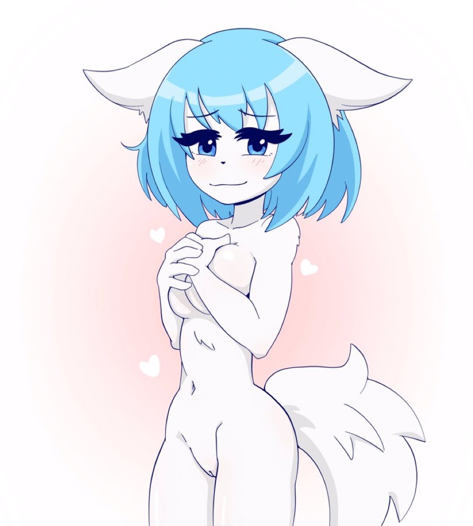 animal_ears blue_hair covering_breasts looking_at_viewer nude thrumbo virtual_youtuber white_fur wolf_ears wolf_tail wolfychu youtube youtuber