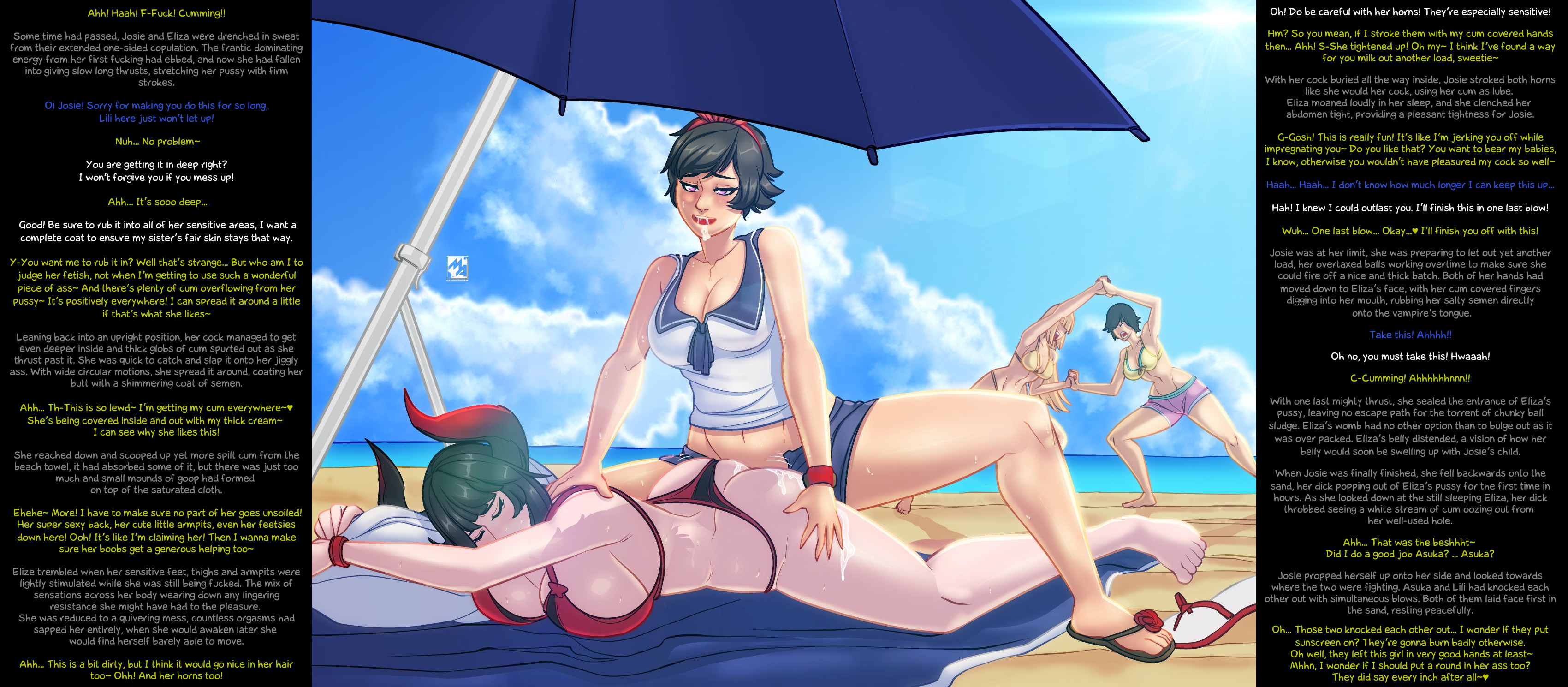 1futa, 1girls, 3girls, all fours, ass, beach, big breasts, big penis, bikini, black hair, breasts, caption, clothed, clothing, cum, cum in pussy, cum inside, cum on ass, curved horns, deep penetration, detailed background, duo focus, eliza (tekken), emilie de rochefort, erelzen, eyes closed, female, filipina, filipino futa, futa on female, futa penetrating, futa with female, futanari, half-closed eyes, heavy breathing, horn, horns, hot dogging, human, humanoid, intersex, interspecies, josie rizal, kazama asuka, light skin, light-skinned female, lying, mesiasart, namco, open clothes, open mouth, open pants, pale skin, pale-skinned female, panties aside, penis, prone bone, pussy, sandals, sex, sleep molestation, sleeping, sweat, sweaty, tekken, tekken 7, text, vampire, vampire girl