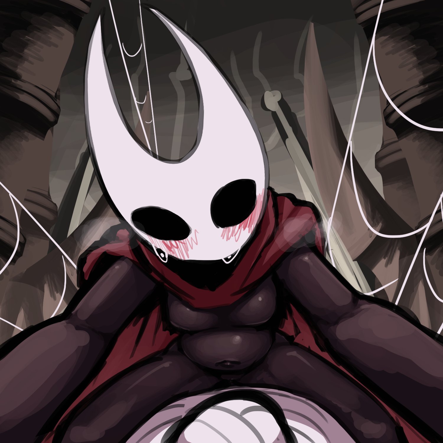 1boy, 1girls, blush, boxman, cape, cloak, female, hollow knight, hornet (hollow knight), male, male/female, pov, red cape, spread legs, straight, the knight (hollow knight)