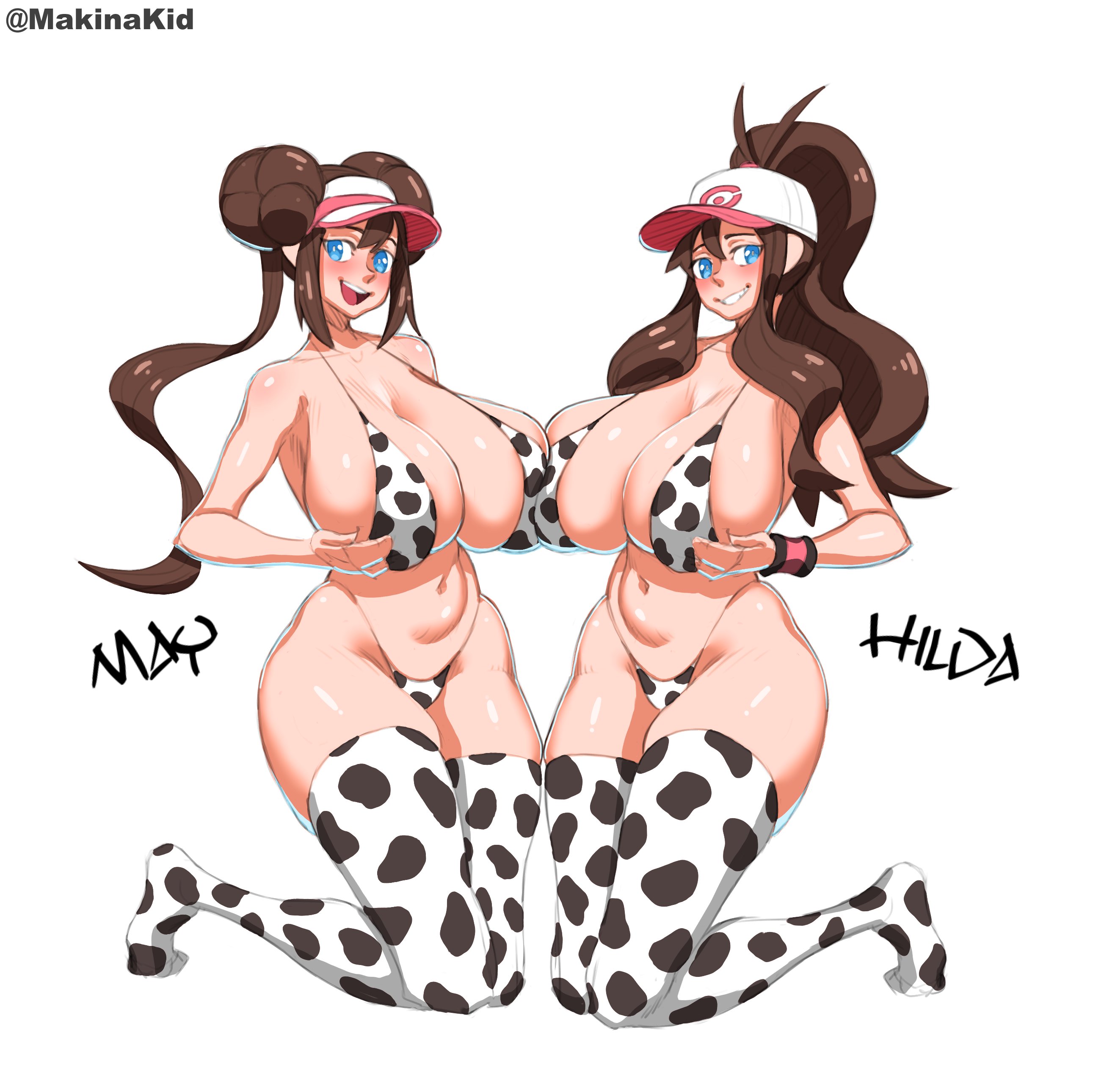 2girls, big breasts, blue eyes, breasts, brown hair, cow bikini, cow print, double bun, female, hat, hilda (pokemon), huge breasts, large breasts, long hair, makinakid, nintendo, pokemon, pokemon bw, pokemon bw2, ponytail, rosa (pokemon), thighhighs, twintails, white background