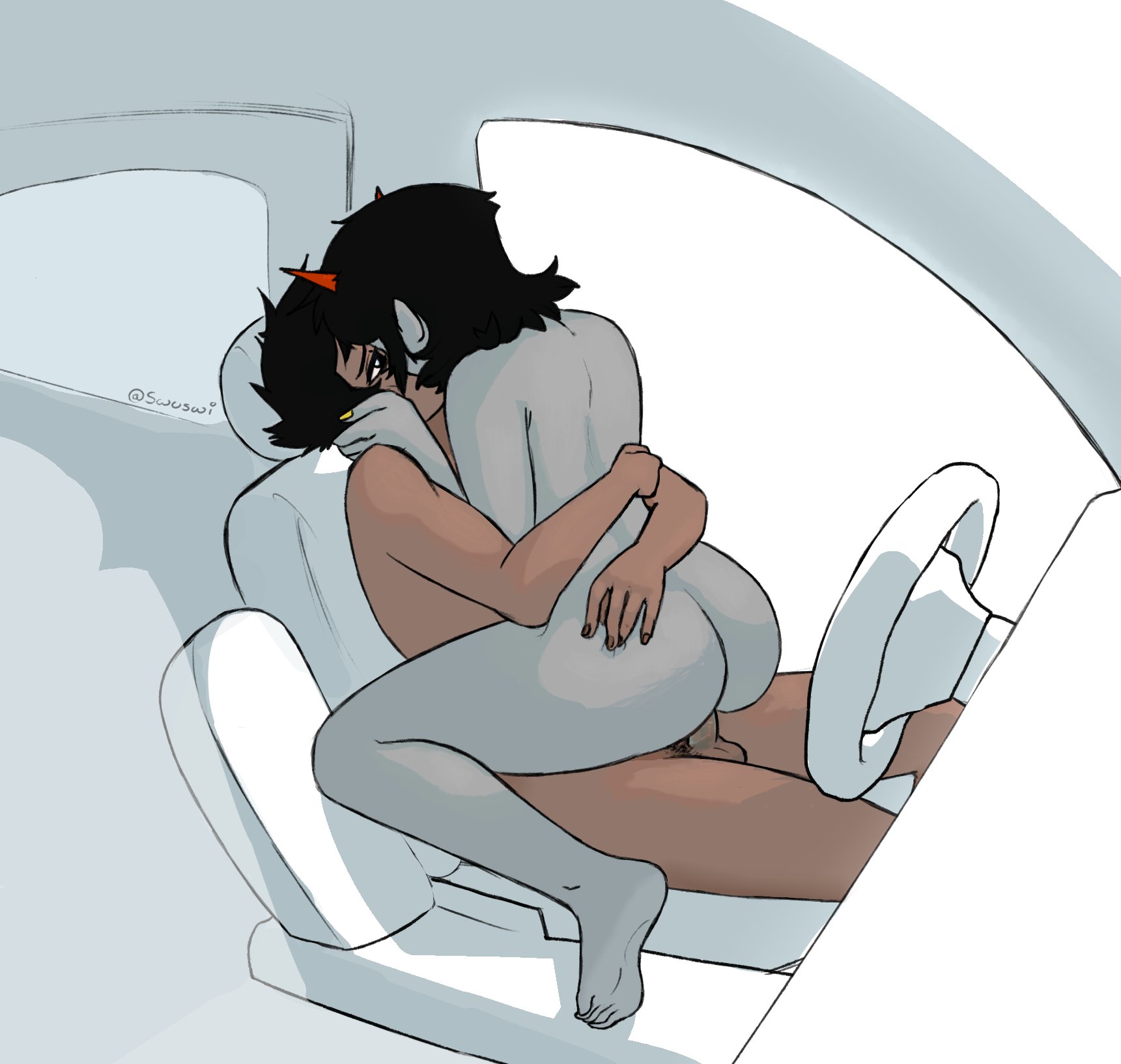 1boy, 1girls, 2020, ambiguous penetration, ass, balls, black hair, blue eyes, canonical scene, car, dark skin, dark-skinned male, female, grey skin, homestuck, horns, john egbert, kissing, male, ms paint adventures, nude, penis, pointy ears, sex, short hair, straight, swuswi, terezi pyrope, troll, yellow nails