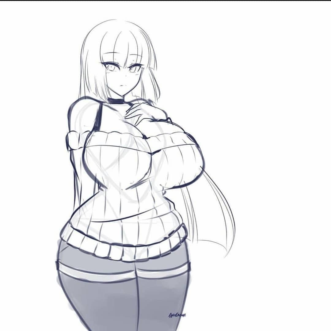 alphaerasure, big breasts, breasts, cute, eyeliner, female, long hair, sweater, thick thighs, thighhighs, white background