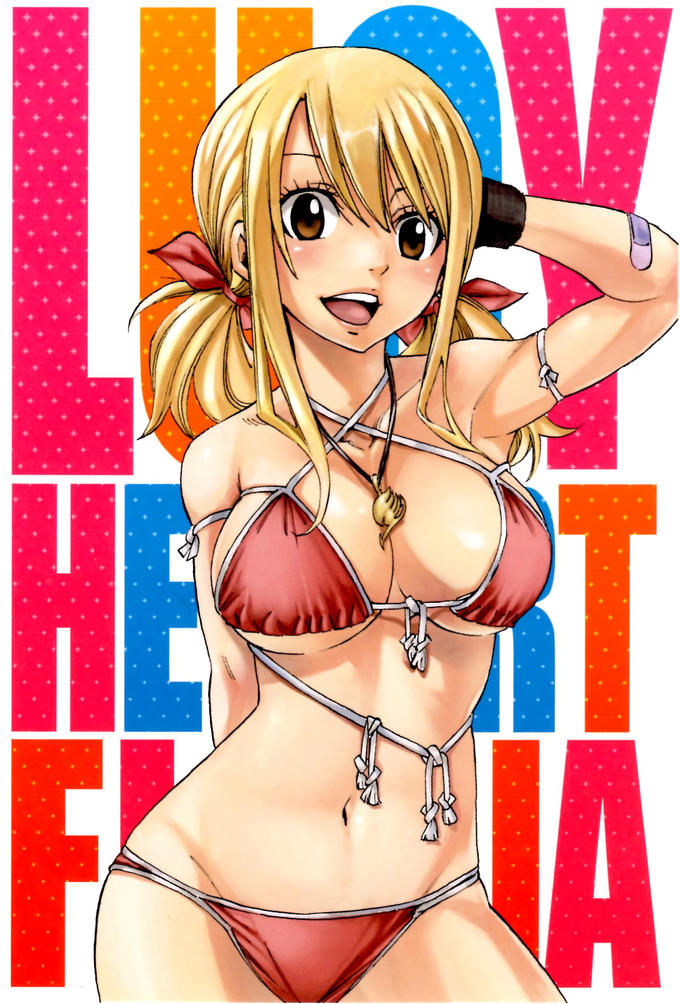1girls, bandaid, belly, bikini, bikini bottom, blonde hair, blonde-haired female, breasts, cleavage, fairy tail, fairy tail mark, female, female only, hand behind back, hand behind head, hazel eyes, hiro mashima, large breasts, looking at viewer, lucy heartfilia, mashima hiro, navel, necklace, necklace between breasts, official art, twintails