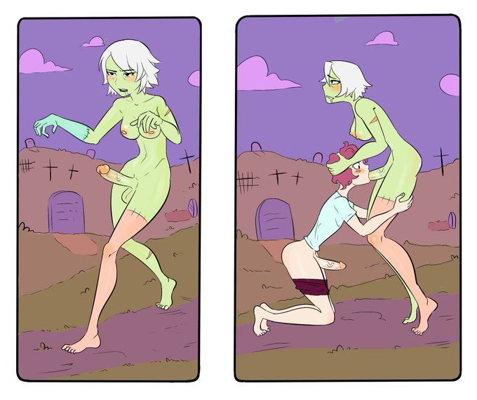 1boy, 1futa, clothed female nude female, female, femboy, futa on male, futanari, graveyard, green skin, halloween, intersex, male, male sucking futa, oral, purple background, red hair, red7cat, stitches, tagme, white hair, zombie