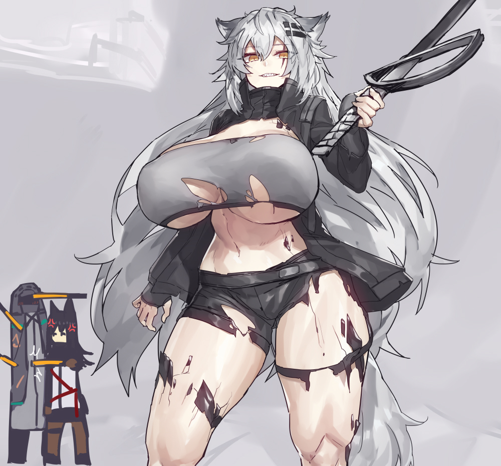 2girls, alternate breast size, animal ears, arknights, big breasts, breasts, doctor (arknights), female, huge breasts, lappland (arknights), long hair, looking at viewer, melon22, multiple females, multiple girls, muscular, muscular female, muscular thighs, ripped clothing, silver hair, sword, texas (arknights), thick thighs