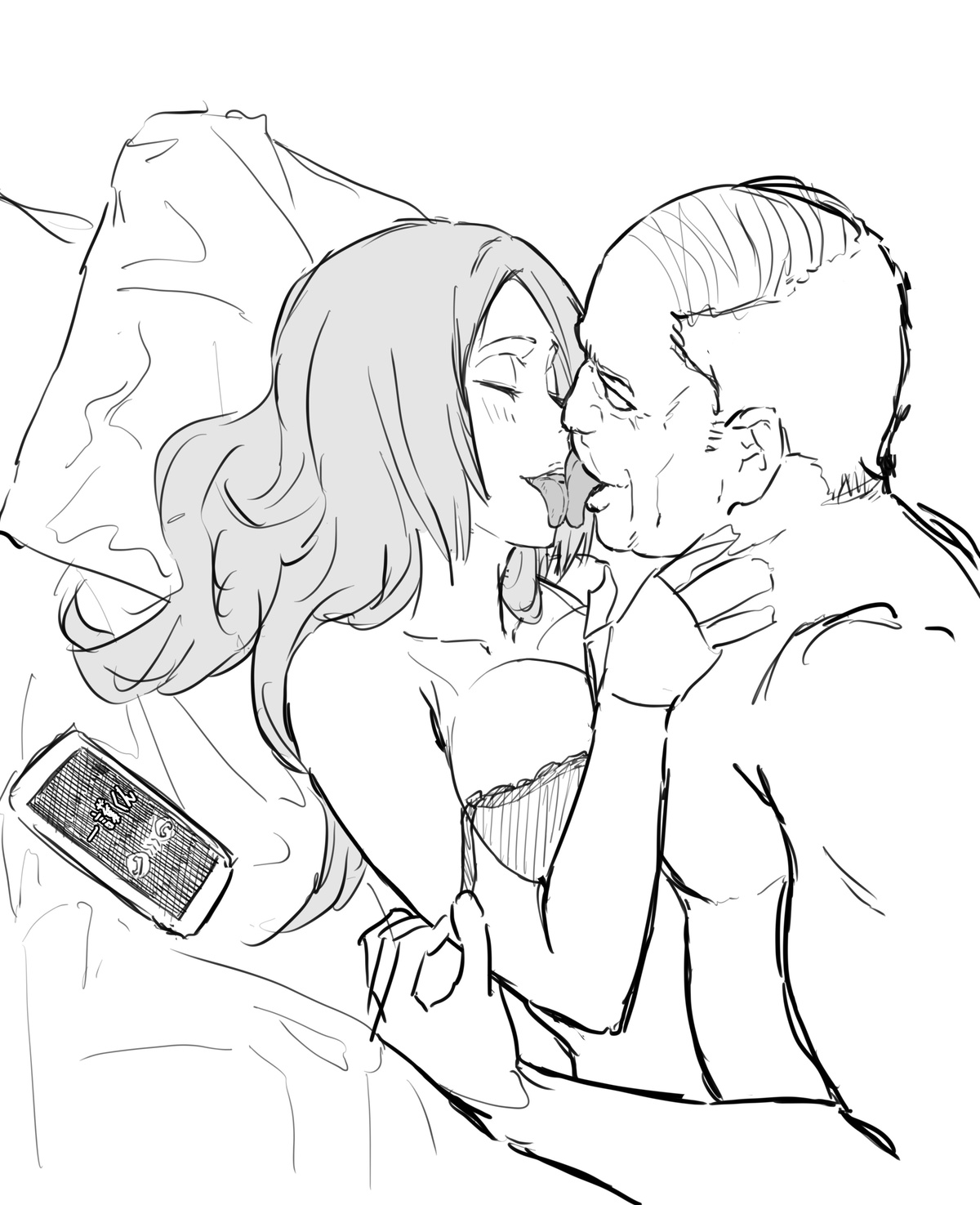 1boy, 1girls, 2020, age difference, bleach, blush, bra, breasts, cheating, cheating wife, closed eyes, cuckold, fat male, female, french kiss, french kissing, inoue orihime, iwao178, kiss, kissing, male, netorare, no artist signature, no color, ntr, old male, older male, older male and younger female, phone, phone call, smartphone, tongue, tongue kiss, tongue licking, tongue out, younger female