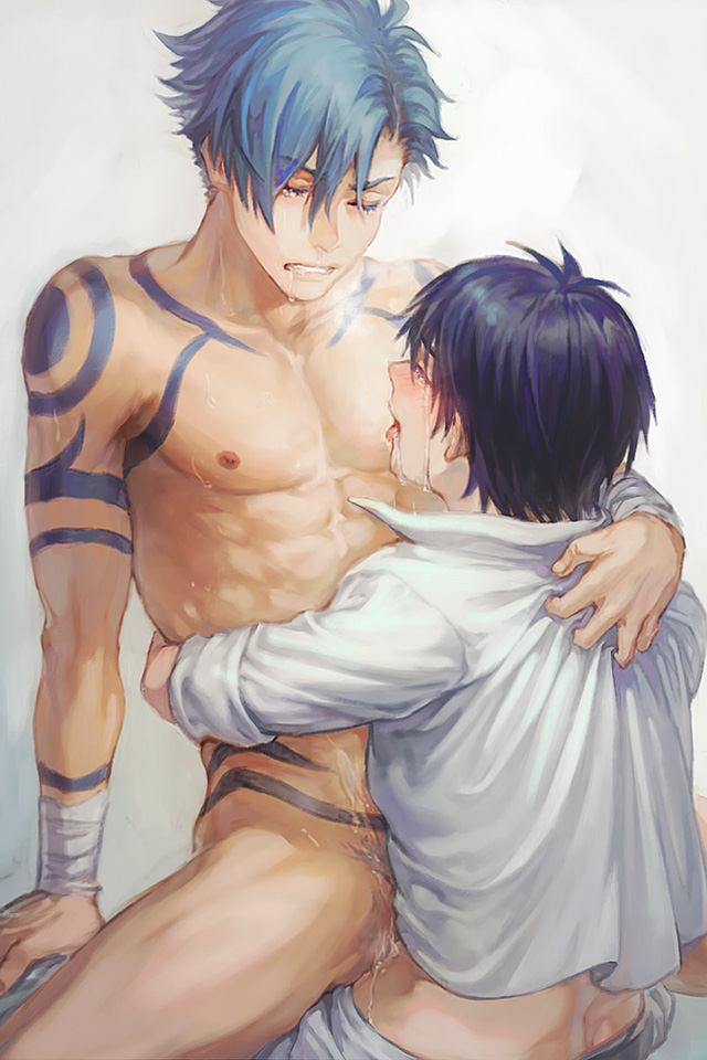 anal_sex blush changyexs crying gay hand_on_thigh hugging kamina licking_breast male/male male_only on_lap partially_nude shirt_grab simon_(tengen_toppa_gurren_lagann) submissive_male tears tengen_toppa_gurren_lagann yaoi