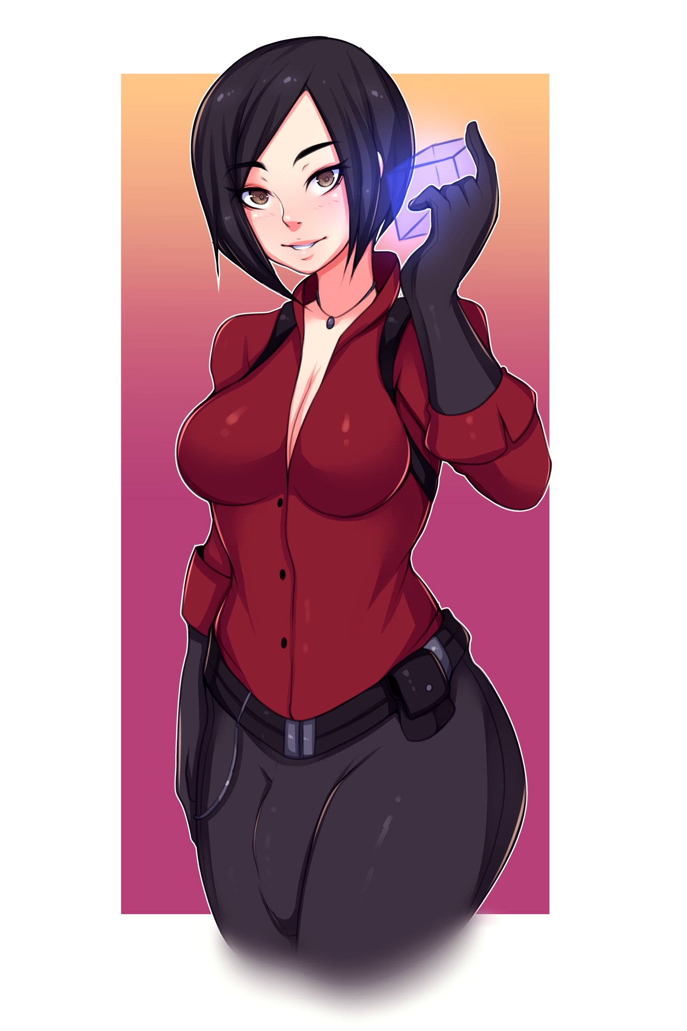 1futa, ada wong, belt, breasts, bulge, cleavage, clothed, clothing, cowboy shot, dickgirl, fiveish, fully clothed, futa only, futanari, gloves, harness, holster, human, intersex, leather gloves, leather pants, looking at viewer, necklace, penis, penis under clothes, resident evil, resident evil 6, simple background, solo, solo futa, three-quarter portrait, three-quarter view
