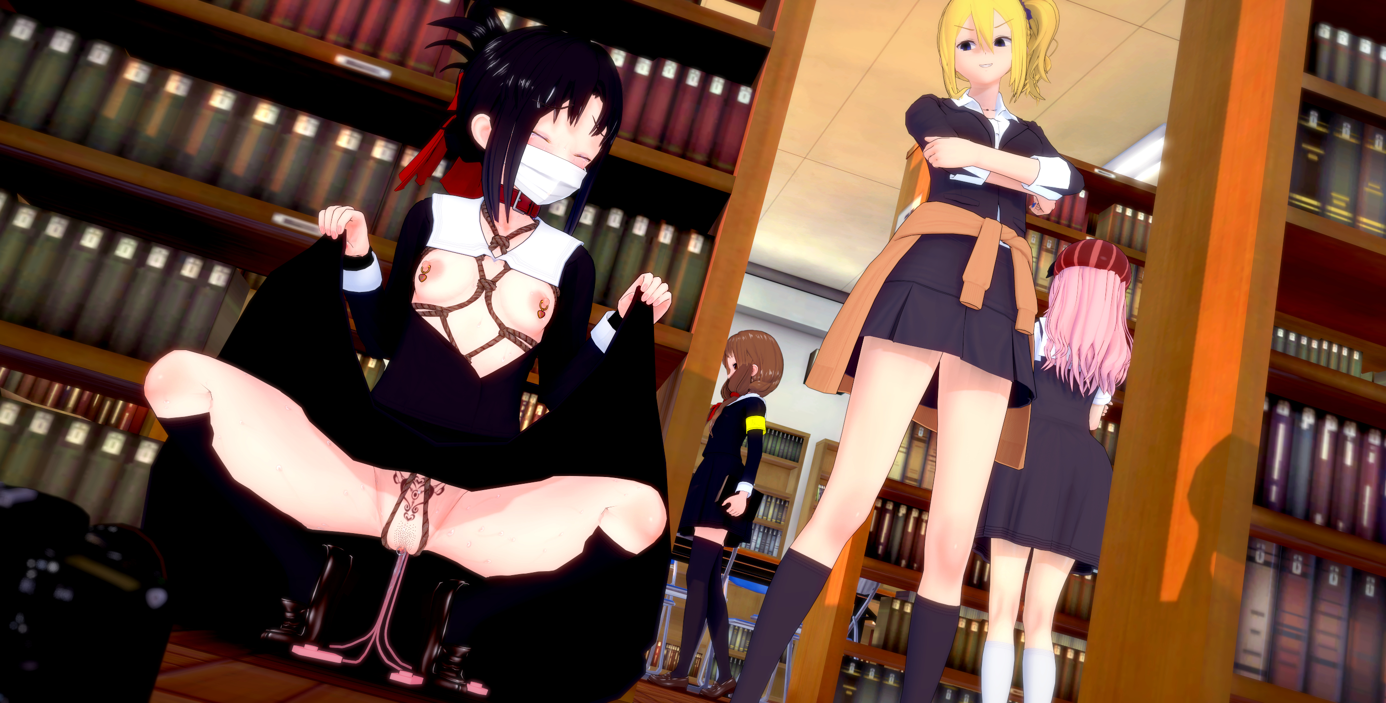 3d, 4girls, bondage, exhibitionism, female, female only, ff7sfm, gagged, hayasaka ai, human, humiliating tattoo, humiliation, kaguya-sama wa kokurasetai ~tensai-tachi no renai zunousen~, koikatsu, multiple females, multiple girls, piercing, sex slave, shinomiya kaguya, tattoo, yuri