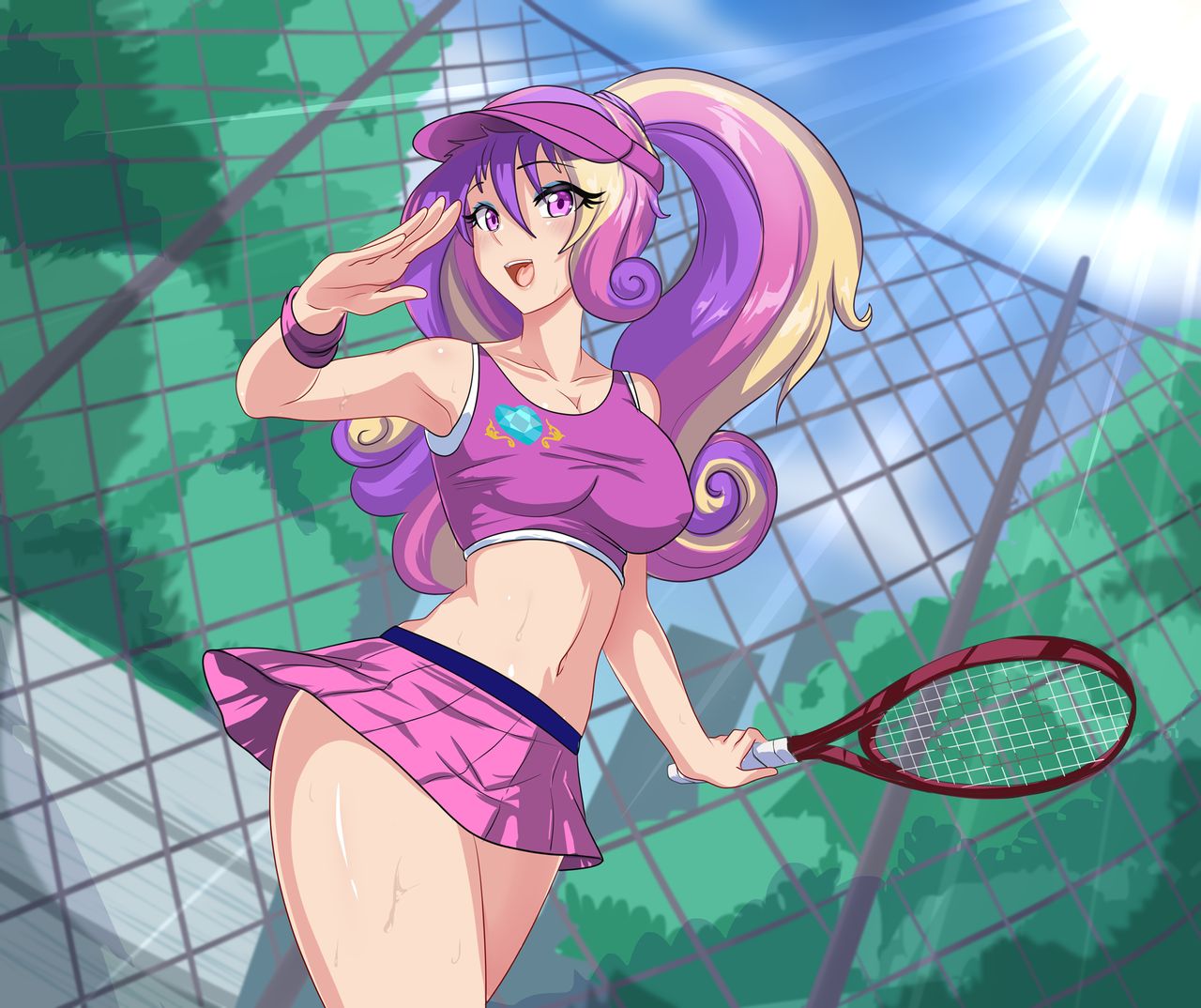 1girls, belly, blonde hair, breasts, chain-link fence, cleavage, cogbrony, curvy, female, female only, friendship is magic, human, humanized, large breasts, milf, miniskirt, multicolored hair, my little pony, navel, pink eyes, pink hair, princess cadance (mlp), purple hair, sunshine, sweat, sweaty, tennis, tennis racket, tennis uniform, voluptuous