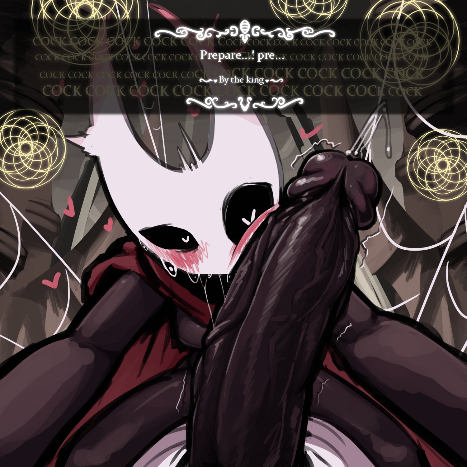1boy, 1girls, blush, boxman, cape, cloak, cock hungry, cock worship, cum, erection, female, heart-shaped pupils, hollow knight, hornet (hollow knight), horny thoughts, huge cock, hyper, hyper penis, incest, incest (lore), incestuous, male, mind break, penis, penis awe, penis on face, pov, precum, precum ejaculation, protagonist (hollow knight), red cape, saliva trail, spread legs, text, the knight (hollow knight), twitch lines