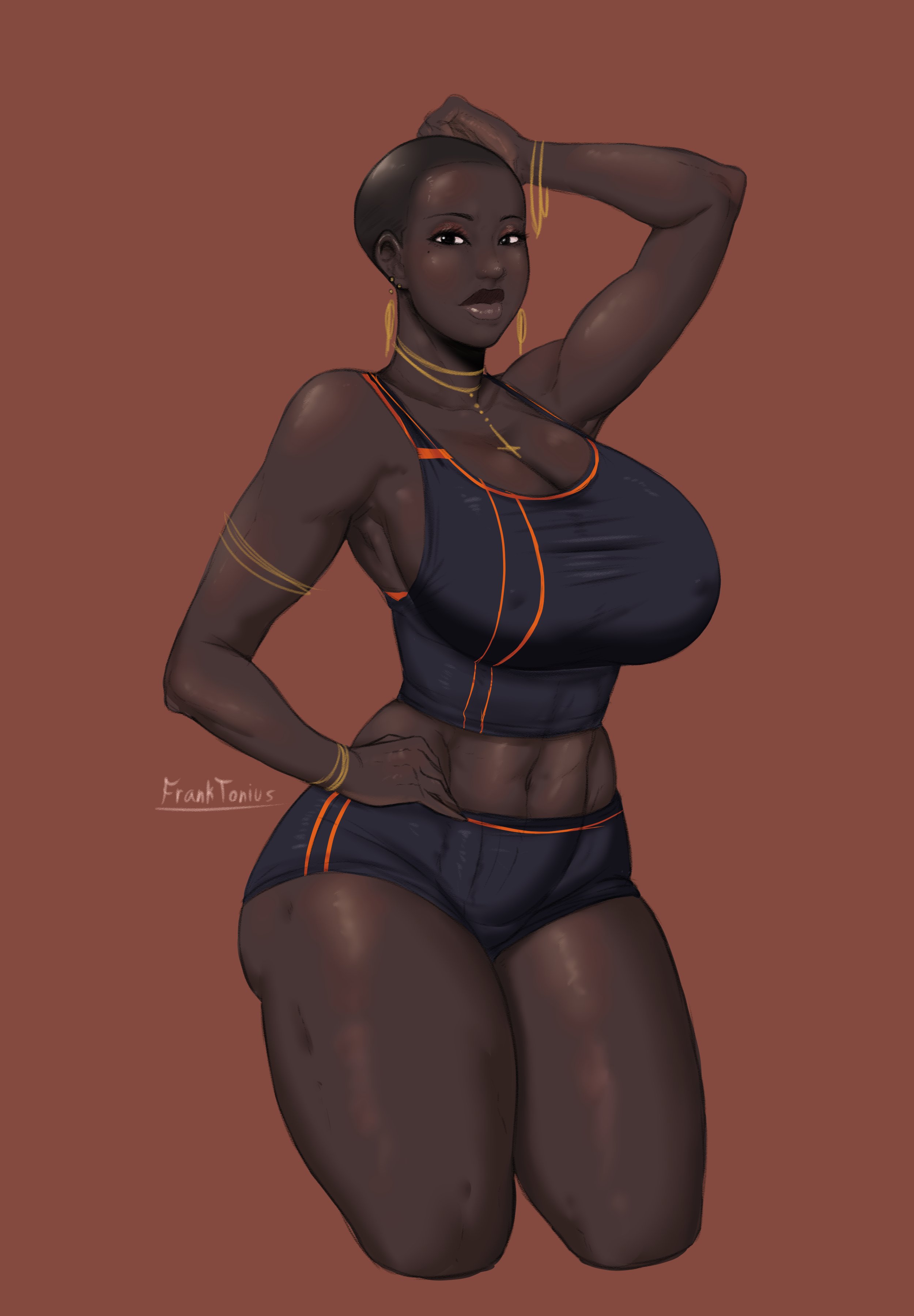 1girls, abs, big breasts, breasts, cleavage, dark skin, dark-skinned female, eshe (franktonius), female, female only, franktonius, large breasts, muscles, muscular, muscular female, nipple bulge, shaved head, short hair, solo, very dark skin