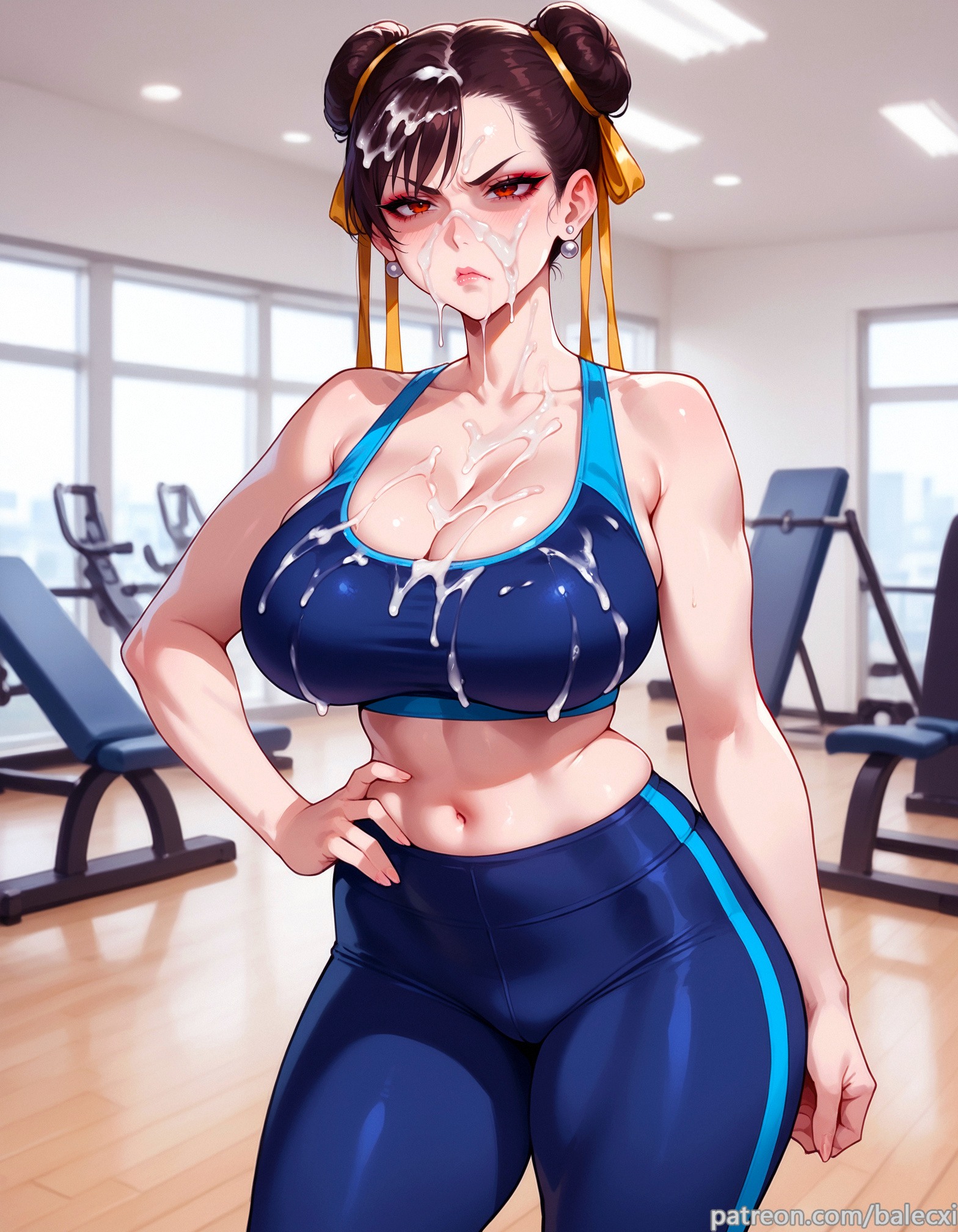 ai generated, balecxi, bare shoulders, big breasts, blue sports bra, breasts, brown hair, bukkake, chun-li, cleavage, closed mouth, collarbone, cum on body, cum on breasts, cum on clothes, cum on hair, double bun, earrings, facial, female, gym, hair bun, hair ribbon, hand on own hip, indoors, jewelry, large breasts, lips, looking at viewer, makeup, midriff, navel, pants, patreon username, red eyes, short hair, solo, sports bra, sportswear, standing, street fighter, street fighter 6, sweat, thighs, yoga pants