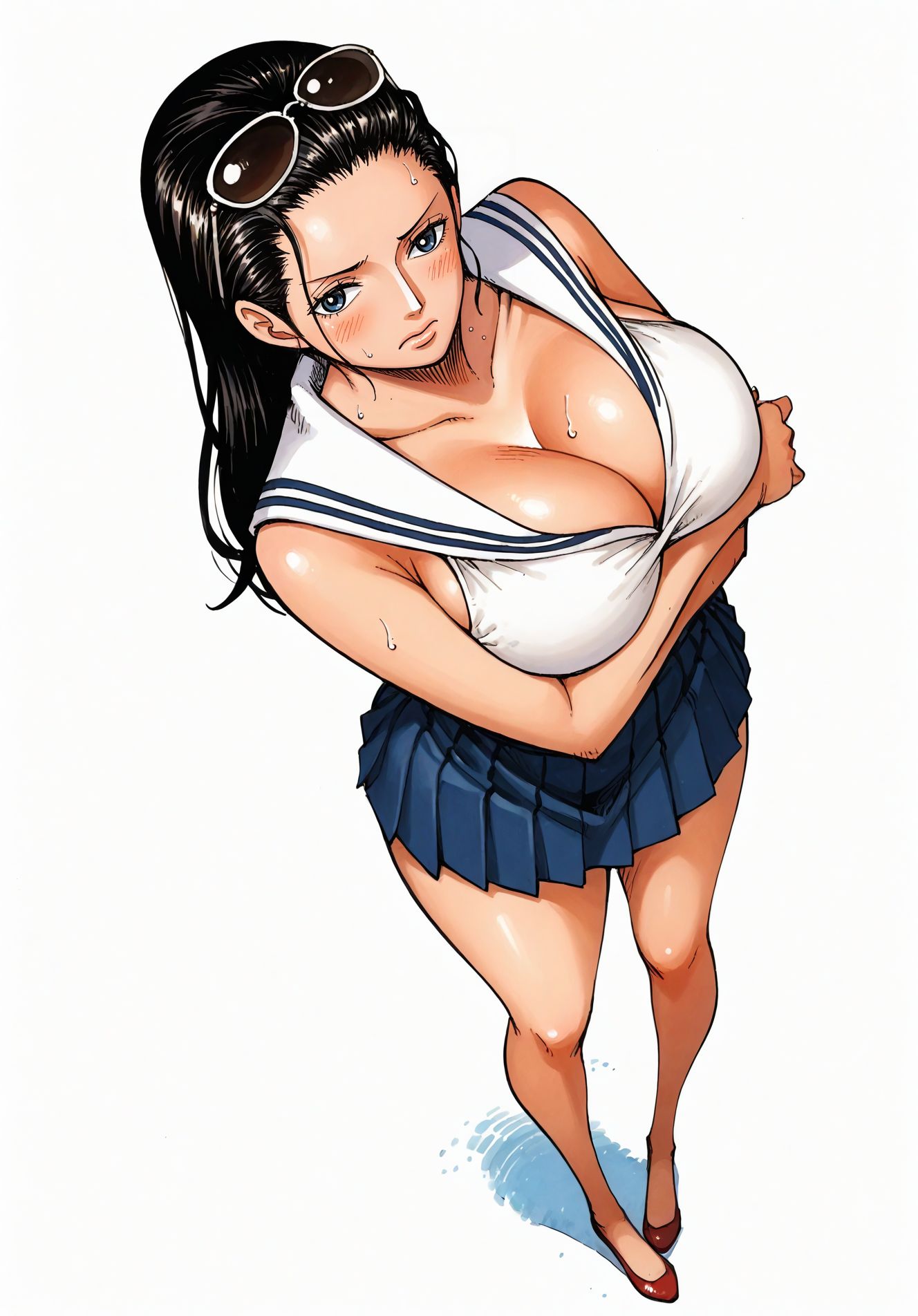 ai_generated alluring almost_naked almost_nude big_breasts blue_eyes blush breasts female female_only glasses glasses_on_head long_hair looking_at_viewer massive_breasts nico_robin one_piece school_girl school_uniform schoolgirl schoolgirl_uniform seducing seduction seductive seductive_body seductive_eyes seductive_gaze seductive_look seductive_mouth seductive_pose shiny_hair shiny_skin skirt sunglasses sunglasses_on_head sweat sweatdrop sweating sweaty sweaty_body uniform voluptuous voluptuous_female yashin