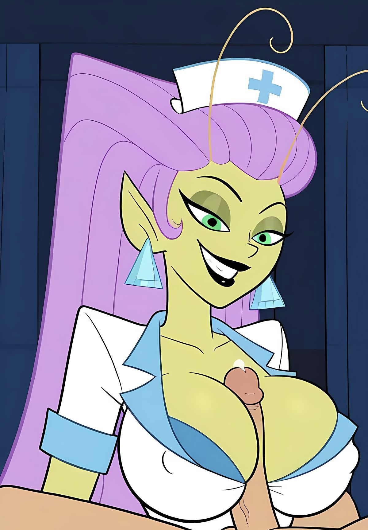 ai generated, ayyaai, big breasts, boobjob, breasts, cum, female, green eyes, green skin, male, nurse, nurse cap, nurse uniform, orgasm, partial male, princess mandie, seductive, seductive smile, smiling, the fairly oddparents, titjob, wanting cum