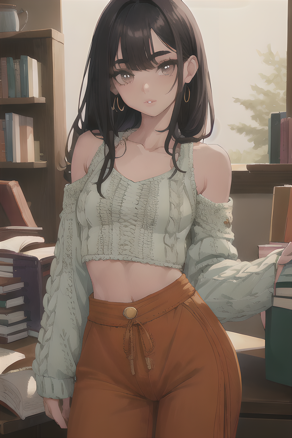 1girls ai_generated bare_shoulders dark_hair earrings female high-waist_pants knitted_sweater looking_at_viewer navel seductive seductive_look stable_diffusion