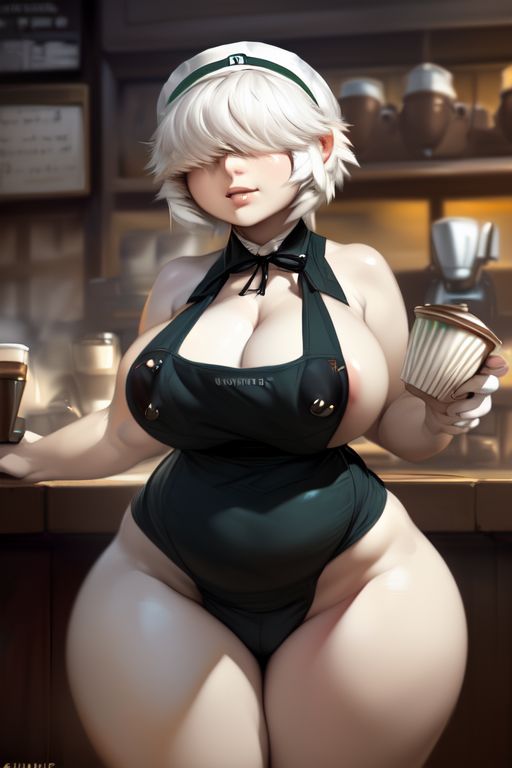 ai_generated ai_hands apron bangs bangs_over_eyes barista chubby cleavage coffee_shop goth goth_girl hair_over_eyes huge_breasts massive_breasts massive_thighs original_character priya_(euclidbeing) short_hair thick_thighs white_hair