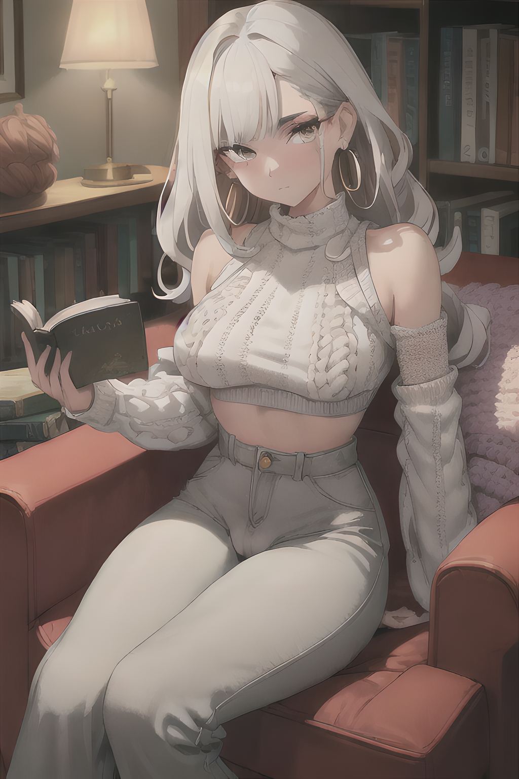 1girls ai_generated bare_shoulders big_breasts cameltoe earrings female grey_hair high_waisted_pants large_breasts looking_at_viewer saggy_breasts stable_diffusion thighs turtleneck