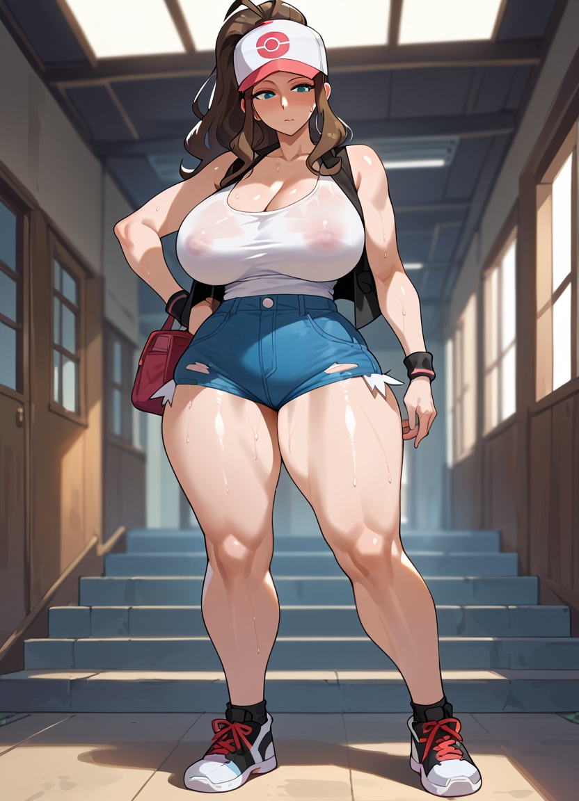 1girls ai_generated baseball_cap big_breasts brown_hair cleavage denim_shorts facing_forward female female_only fit_female footwear full_body fully_clothed hilda_(pokemon) hourglass_figure huge_breasts jean_shorts muscular_thighs nipples_visible_through_clothing pokemon pokemon_bw pokemon_trainer rearendrenderer short_shorts shorts sneakers solo standing sweat sweating thick_legs thick_thighs white_tank_top