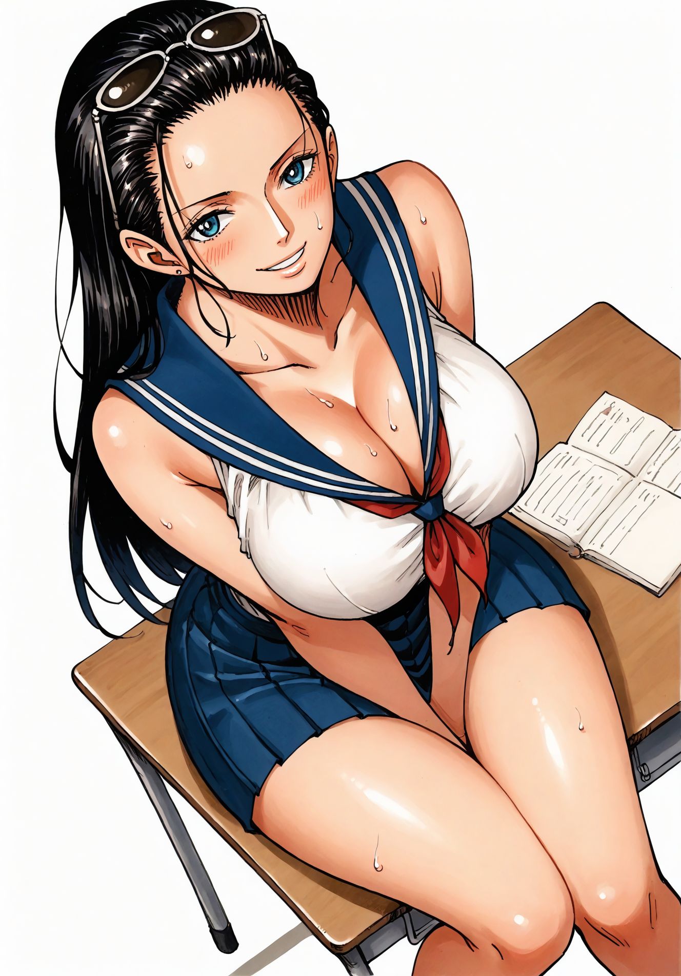 ai_generated alluring almost_naked almost_nude big_breasts blue_eyes blush breasts female female_only glasses glasses_on_head long_hair looking_at_viewer massive_breasts nico_robin one_piece school_girl school_uniform schoolgirl schoolgirl_uniform seducing seduction seductive seductive_body seductive_eyes seductive_gaze seductive_look seductive_mouth seductive_pose shiny_hair shiny_skin skirt sunglasses sunglasses_on_head sweat sweatdrop sweating sweaty sweaty_body uniform voluptuous voluptuous_female yashin