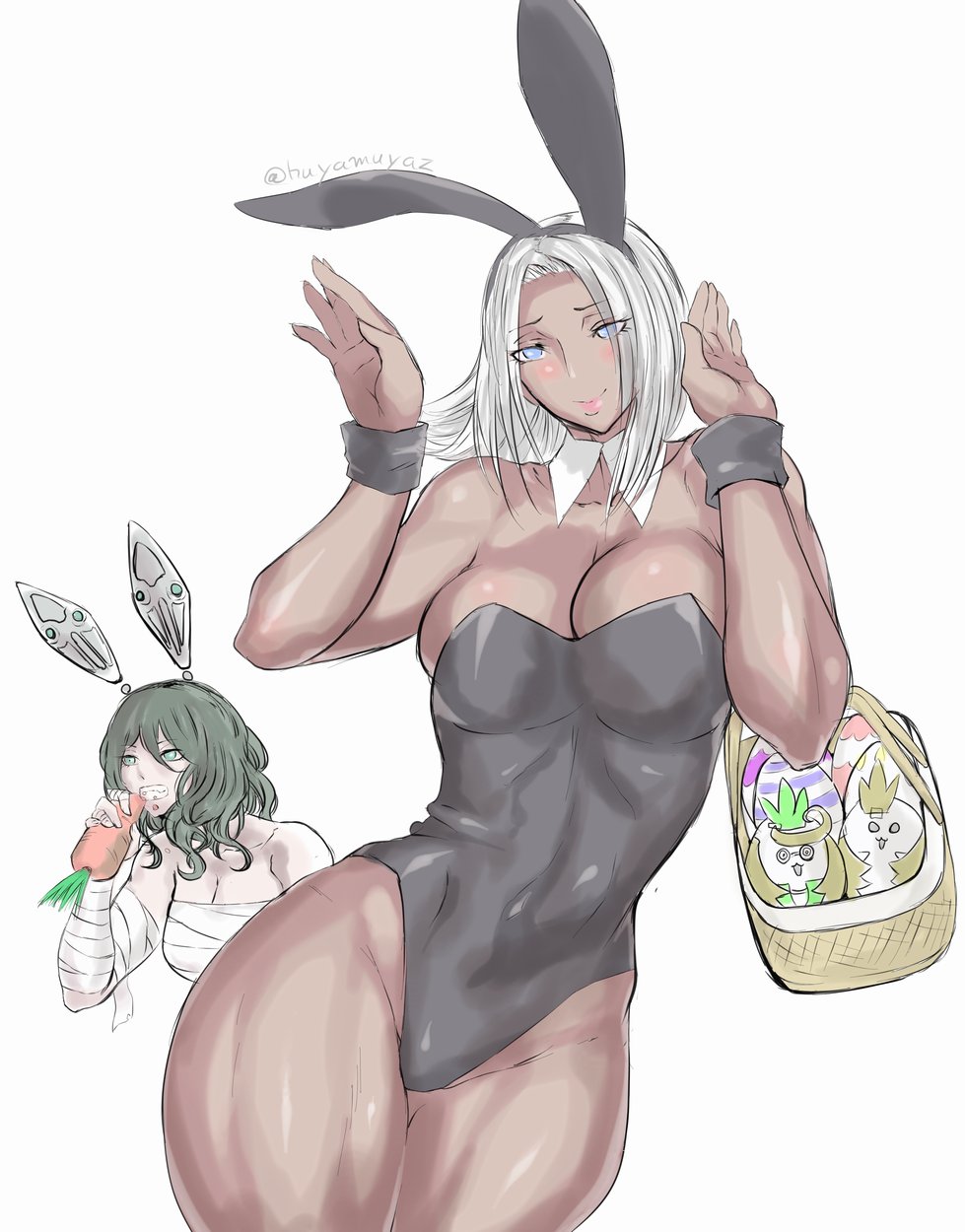 2girls bunny_ears bunnysuit cross_(xenoblade_x) easter elma_(xenoblade_x) female large_thighs nintendo original_character thick_thighs thighs uya_(yurukah) wide_hips xenoblade_(series) xenoblade_chronicles_x