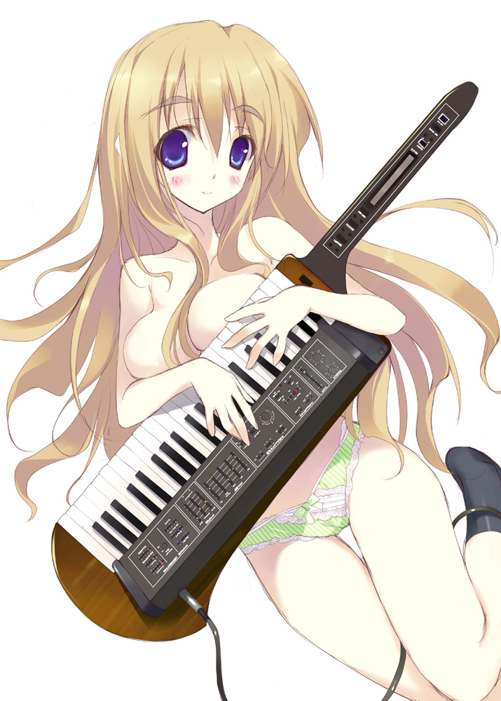 blonde_hair blue_eyes eyebrows female human human_only instrument k-on! keytar long_hair panties solo synthesizer topless tsumugi_kotobuki_(k-on!) tsurusaki_takahiro underwear underwear_only