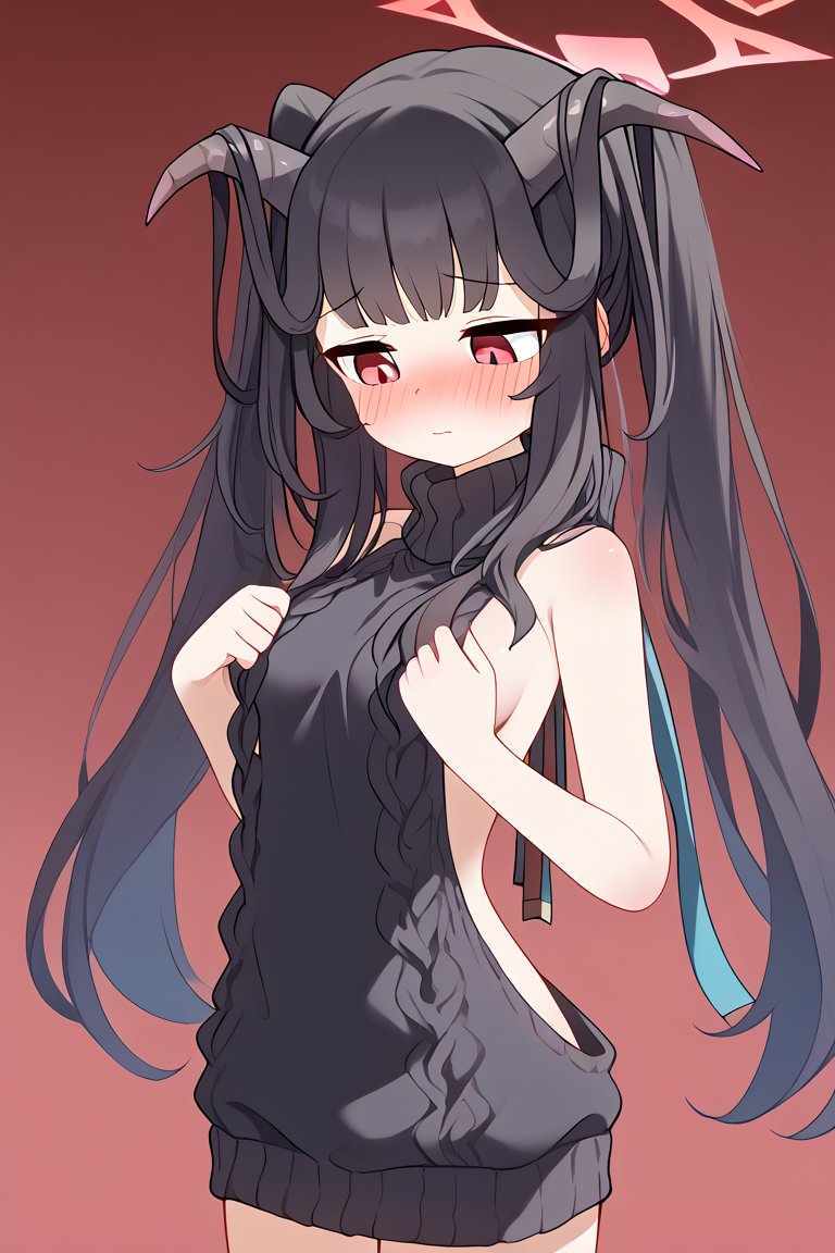 1girls ai_generated black_hair blue_archive blush cute female flanofart fuuka_(blue_archive) gehenna_academy_student halo horns long_hair looking_down red_eyes school_lunch_club_(blue_archive) shy small_boobs small_breasts solo solo_female sweater tagme twintails virgin_killer_sweater