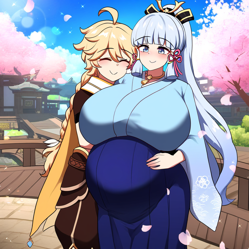 1boy 1girls aether_(genshin_impact) ai_generated big_breasts horny_female kamisato_ayaka long_hair mihoyo pleasure_face pregnant straight thick_thighs