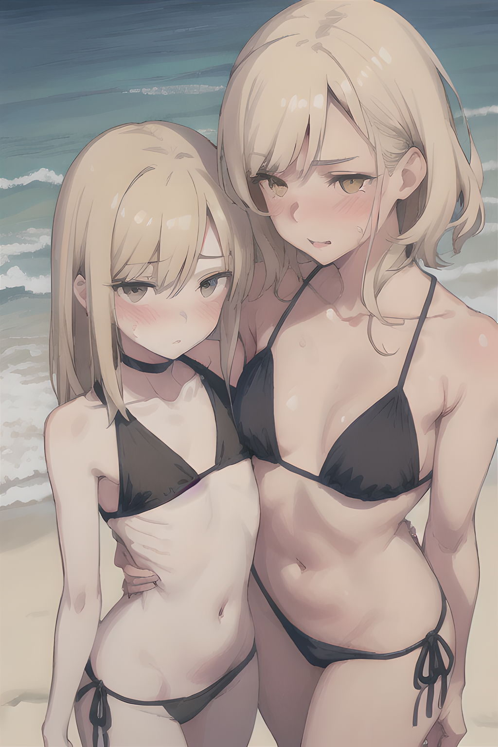 2girls ai_generated bikini black_bikini blonde_hair blush choker flat_chest holding_waist long_hair looking_at_viewer looking_down medium_breasts size_difference skinny small_breasts stable_diffusion