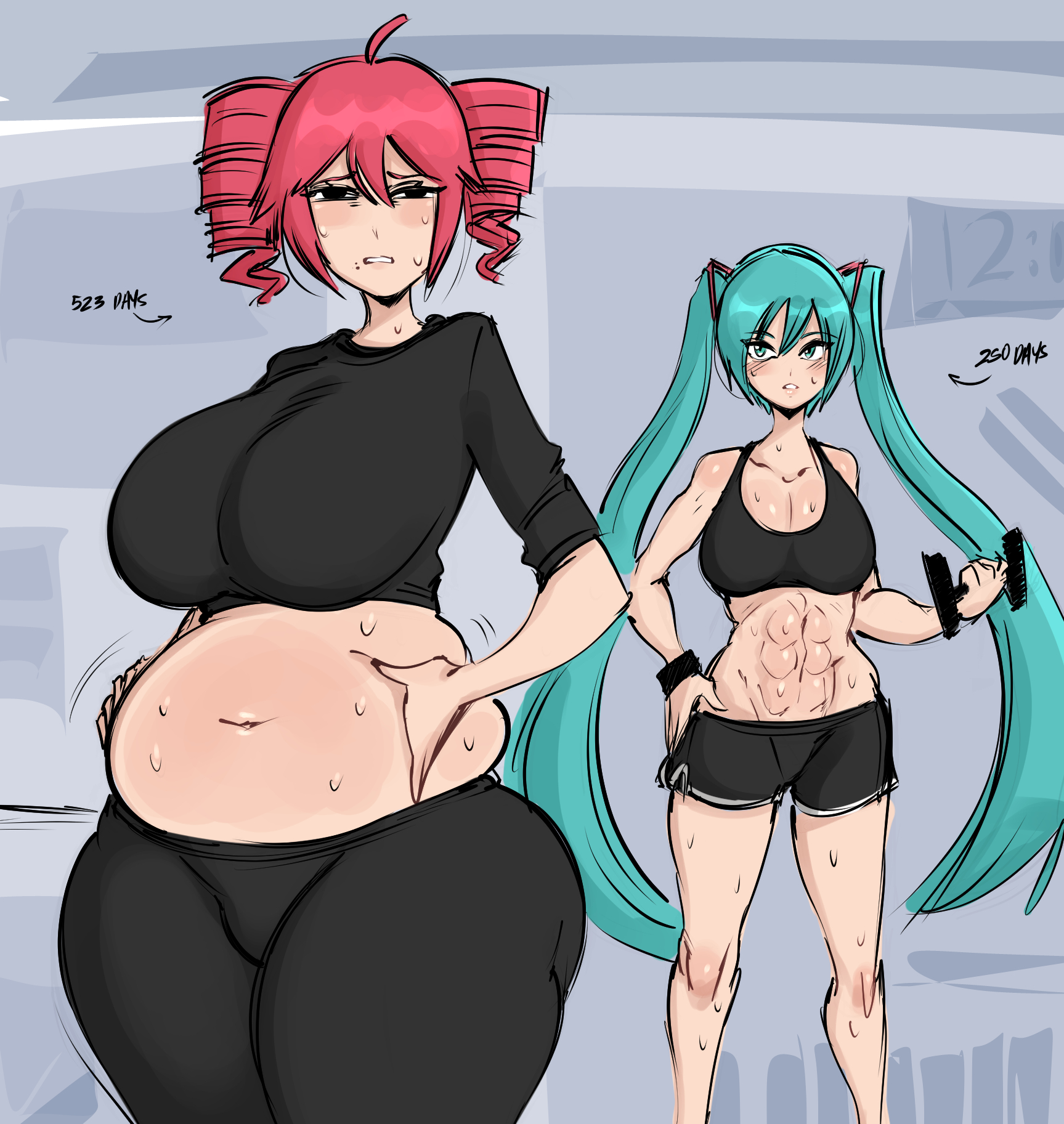 2girls, abs, ahoge, alternate breast size, aqua eyes, aqua hair, black shirt, black shorts, blush, breasts, chubby, chubby female, crossover, drill hair, dumbbell, exercise, fat, fatass teto, grey background, hatsune miku, huge breasts, kasane teto, large breasts, long hair, midriff, multiple girls, muscular, muscular female, navel, pants, plump, red hair, saltyxodium, shirt, shorts, sports bra, sweat, thick thighs, thighs, twin drills, twintails, very long hair, vocaloid, weight conscious