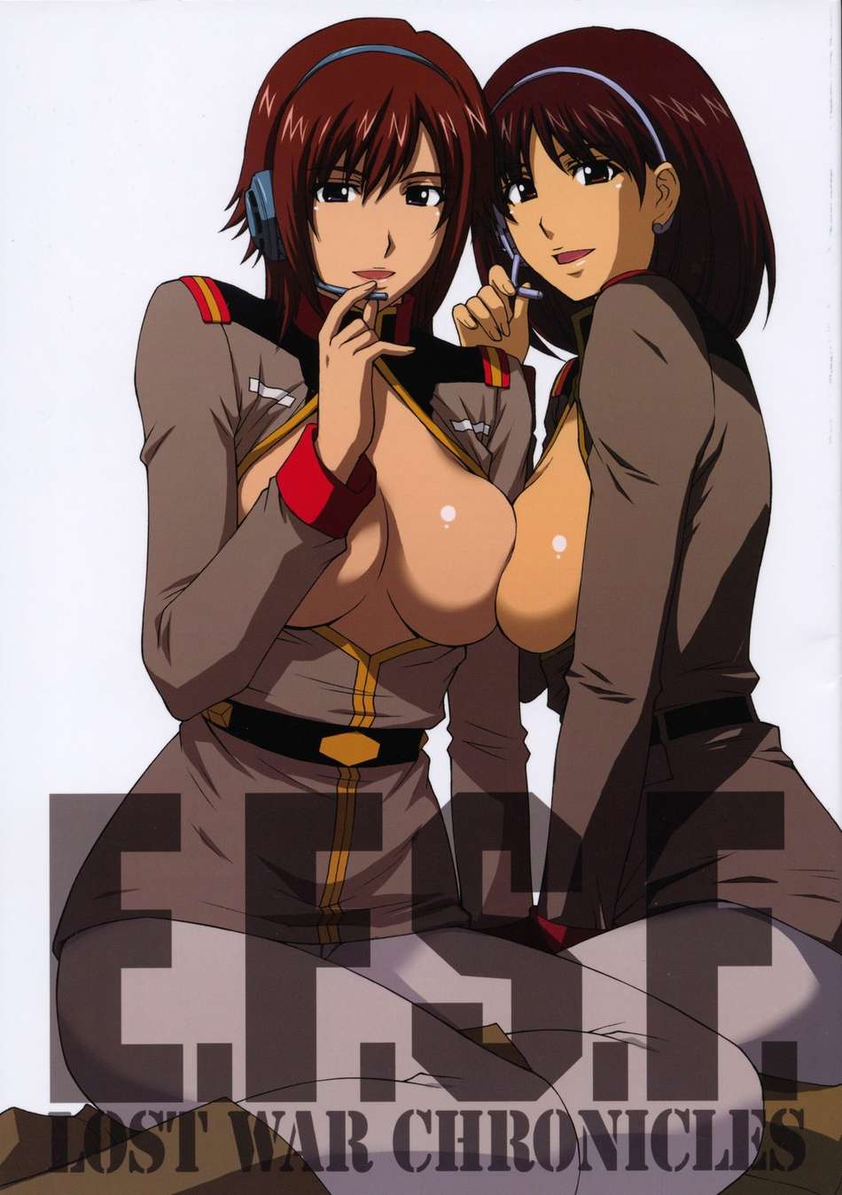 2008 2girls breast_press breasts brown_hair curvaceous duo female gundam gundam_lost_war_chronicles gundam_side_story:_from_place_beyond_the_blaze headset human kitahara_aki large_breasts light-skinned_female light_skin military military_uniform miyu_takisawa multiple_girls noel_anderson open_clothes open_shirt pantyhose shirt short_hair sitting symmetrical_docking tagme text uniform wariza white_legwear wide_hips