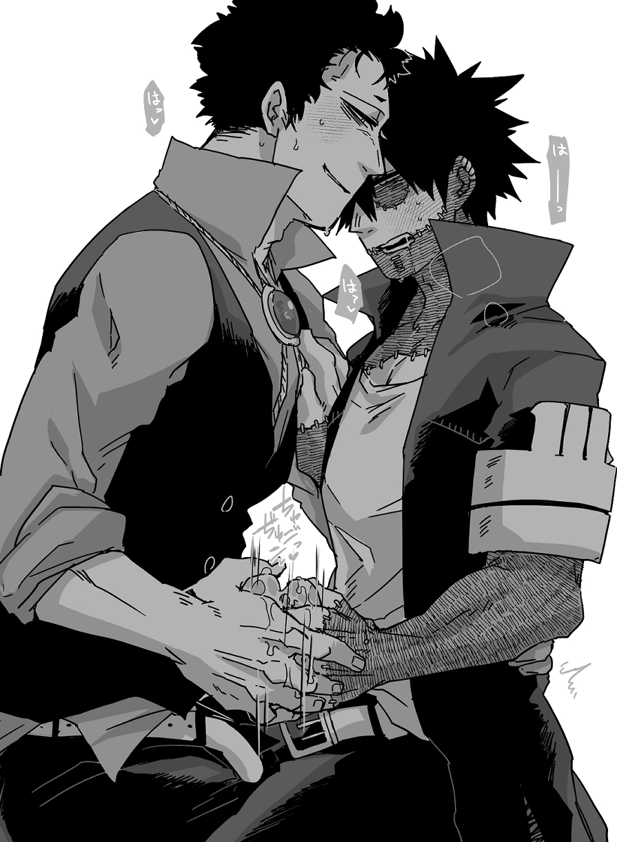 2boys atsuhiro_sako belt black_hair blush bolo_tie burn_scar clothing dabi dual_handjob frottage gay genitals greyscale handjob jacket male male/male male_only monochrome mr._compress my_hero_academia penis rolled_up_sleeves sako_atsuhiro scar scars stroking stroking_penis todoroki_touya touya_todoroki unbuckled_belt unoirhero white_background yaoi