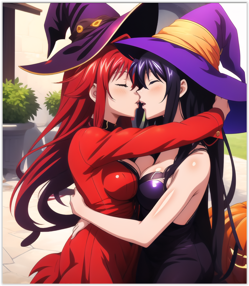 2females 2girls 2women ai_generated akeno_himejima girl_on_girl halloween_costume high_school_dxd lesbian_couple lesbian_kiss lesbian_sex rias_gremory witch_hat yuri yuri yuri