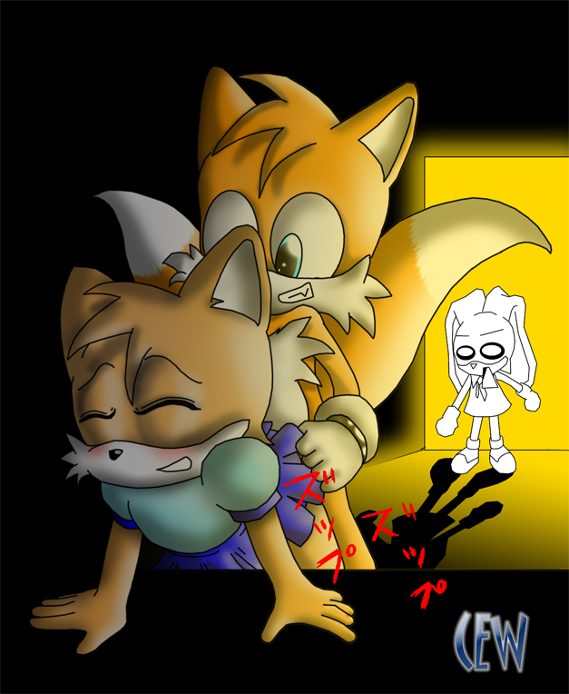 1boy 2girls anthro background_character closed_eyes color craig_williams craig_williams_(artist) cream_the_rabbit duo_focus female fox fur furry implied_penetration male multiple_females rabbit sega sonic_(series) straight tails teeth text toony video_games