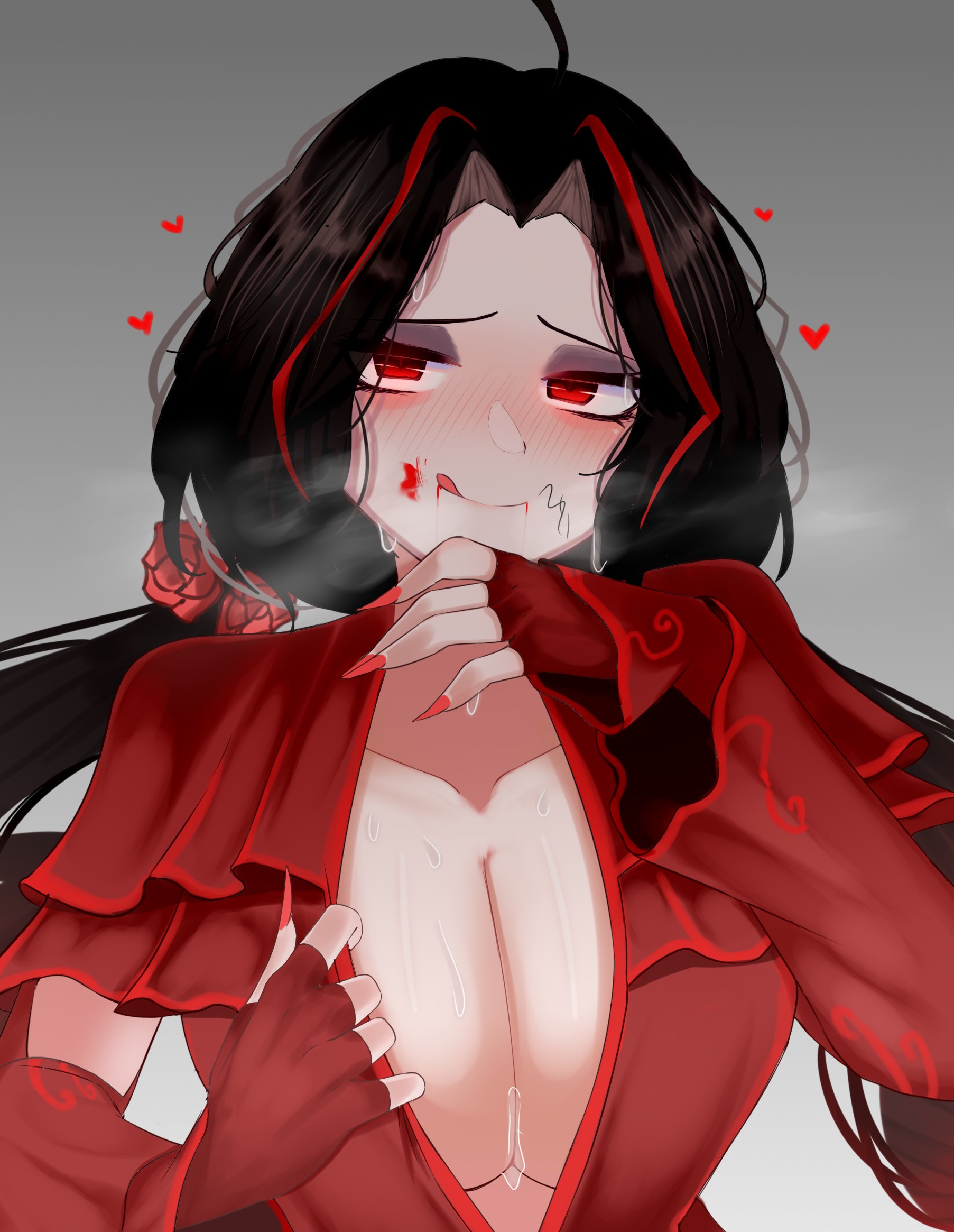 0ha, 1girls, ahoge, bedroom eyes, big breasts, black hair, blood, blood on face, blush, breasts, center opening, cleavage, clothed, clothes pull, clothing, drill hair, female, female only, fingernails, heart, large breasts, licking lips, limbus company, multicolored hair, nicolina (limbus company), painted nails, project moon, pubic hair, red eyes, red hair, sharp nails, smile, solo, stray pubic hair, sweat, the barber (limbus company), tied hair, tongue, twintails