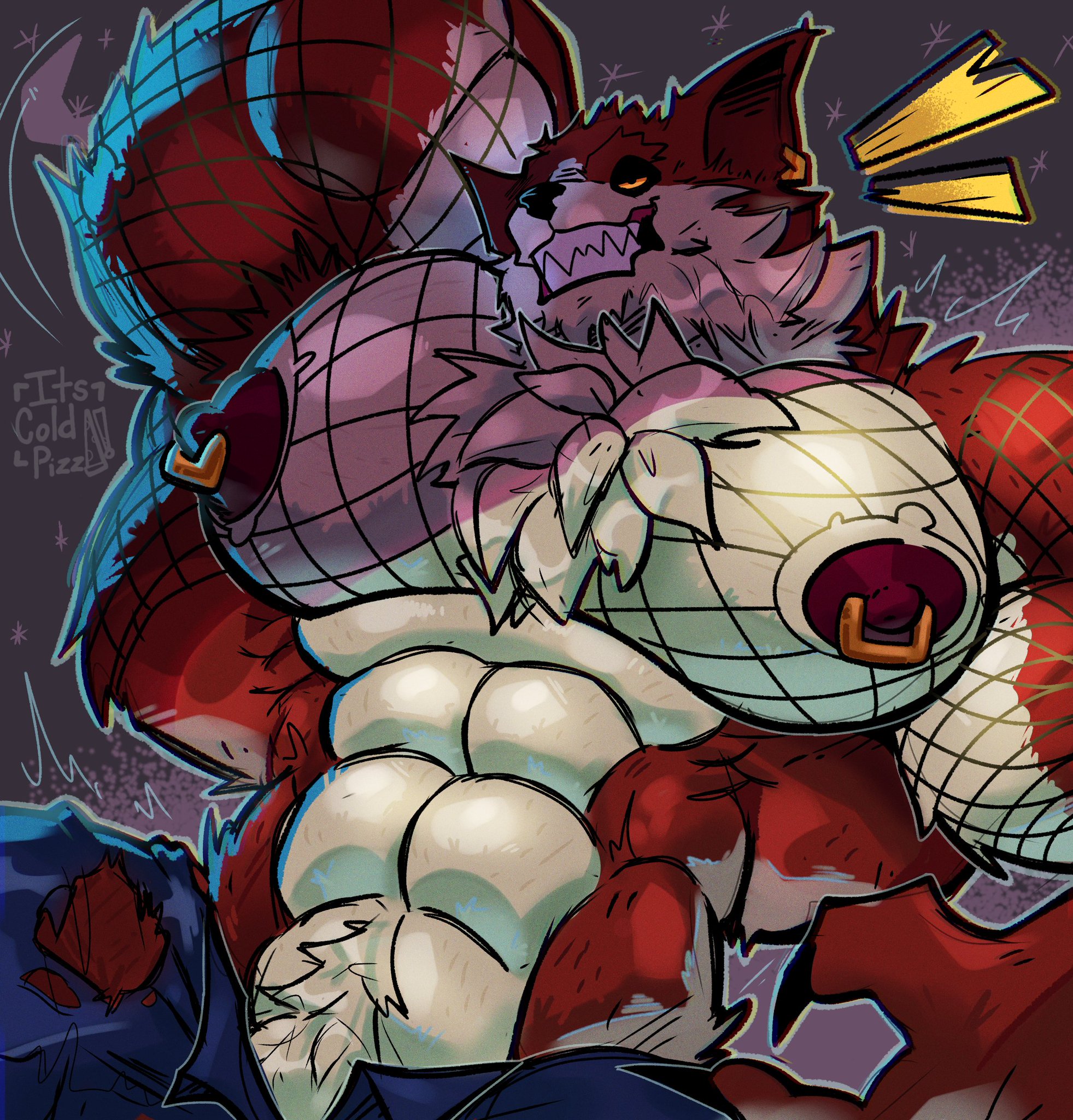 abs, anthro, big muscles, big pecs, body hair, canid, canine, canis, chest hair, claws, ear piercing, fangs, fishnets, fortnite, furry, its coldpizzart, jeans, lycan west (fortnite), male, male only, muscles, muscular, muscular male, nipple piercing, nipples, pecs, red fur, smile, solo, solo male, wolf, yellow eyes