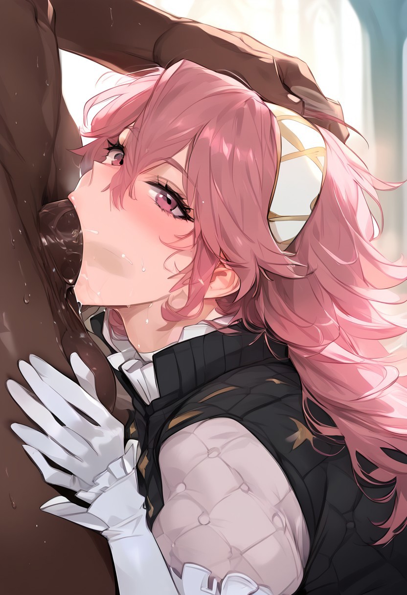 1boy 1girl 1girls ai_generated axiah big_penis black_vest blowjob blush cheating cheating_girlfriend civitai dark-skinned_male deepthroat fellatio female fire_emblem fire_emblem_fates hair_ornament hairband highres huge_cock interracial large_penis light-skinned_female long_hair looking_at_viewer mature_female medium_breasts milf netorare nintendo ntr penis pink_hair saliva saliva_on_penis soleil_(fire_emblem) sweat white_gloves white_sleeves