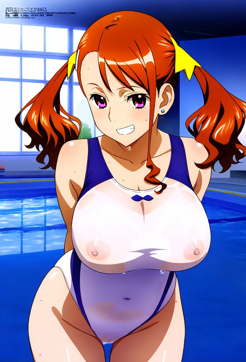 ai_generated anohana:_the_flower_we_saw_that_day areolae_visible_through_clothing bare_thighs breasts gigantic_breasts huge_breasts huge_thighs light-skinned_female light_skin looking_at_viewer massive_breasts naruko_anjou nipples nipples_visible_through_clothing orange_hair purple_eyes school_swimsuit smiling solo_female squatting sweat sweatdrop swimsuit thick_body thick_female thick_thighs thighs twintails voluptuous voluptuous_female