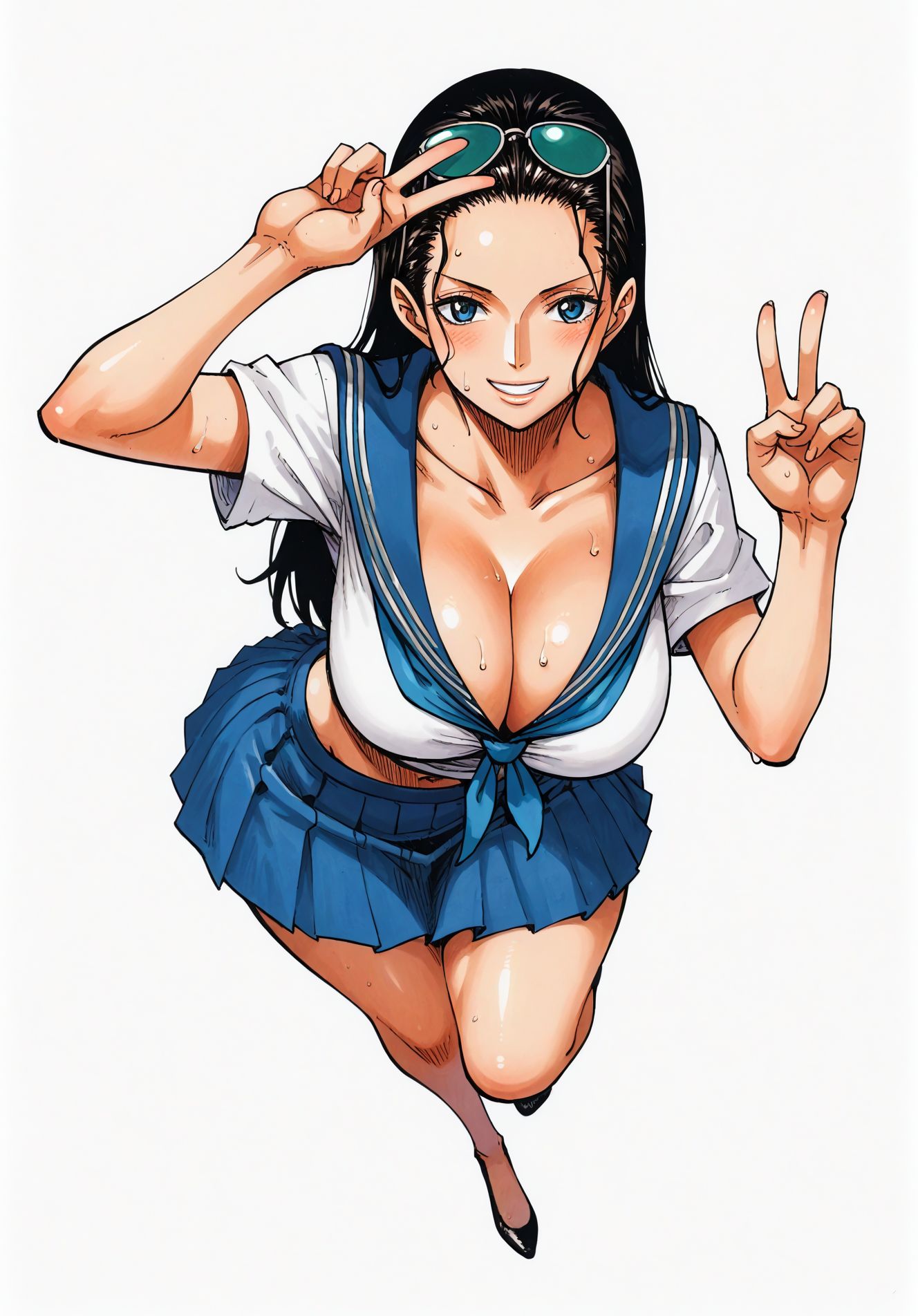 ai_generated alluring almost_naked almost_nude big_breasts blue_eyes blush breasts female female_only glasses glasses_on_head long_hair looking_at_viewer massive_breasts nico_robin one_piece school_girl school_uniform schoolgirl schoolgirl_uniform seducing seduction seductive seductive_body seductive_eyes seductive_gaze seductive_look seductive_mouth seductive_pose shiny_hair shiny_skin skirt sunglasses sunglasses_on_head sweat sweatdrop sweating sweaty sweaty_body uniform voluptuous voluptuous_female yashin