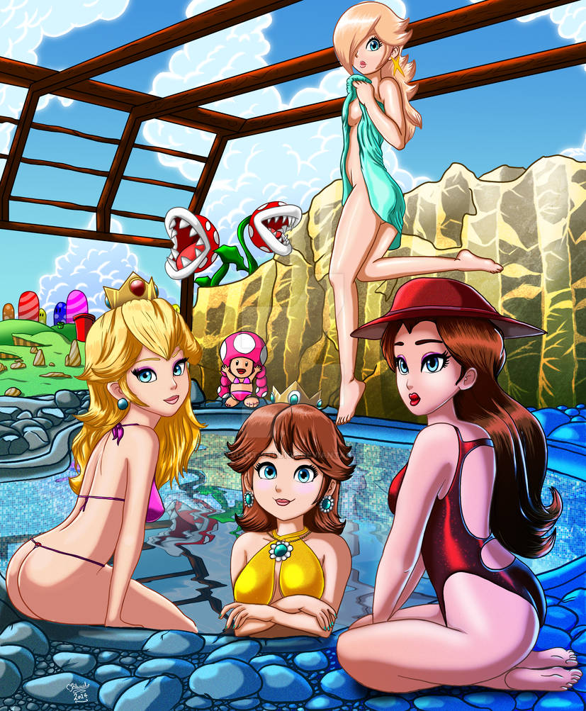 bikini female_only mario_(series) multiple_girls pauline_(mario) piranha_plant princess_daisy princess_peach princess_rosalina psyviant-studios spa super_mario_bros. super_mario_galaxy super_mario_odyssey swimsuit toadette towel water