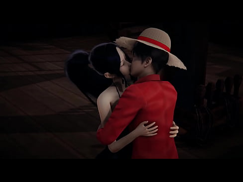 3d black_hair couple earrings female kissing kissing male milf monkey_d_luffy nico_robin one_piece straw_hat