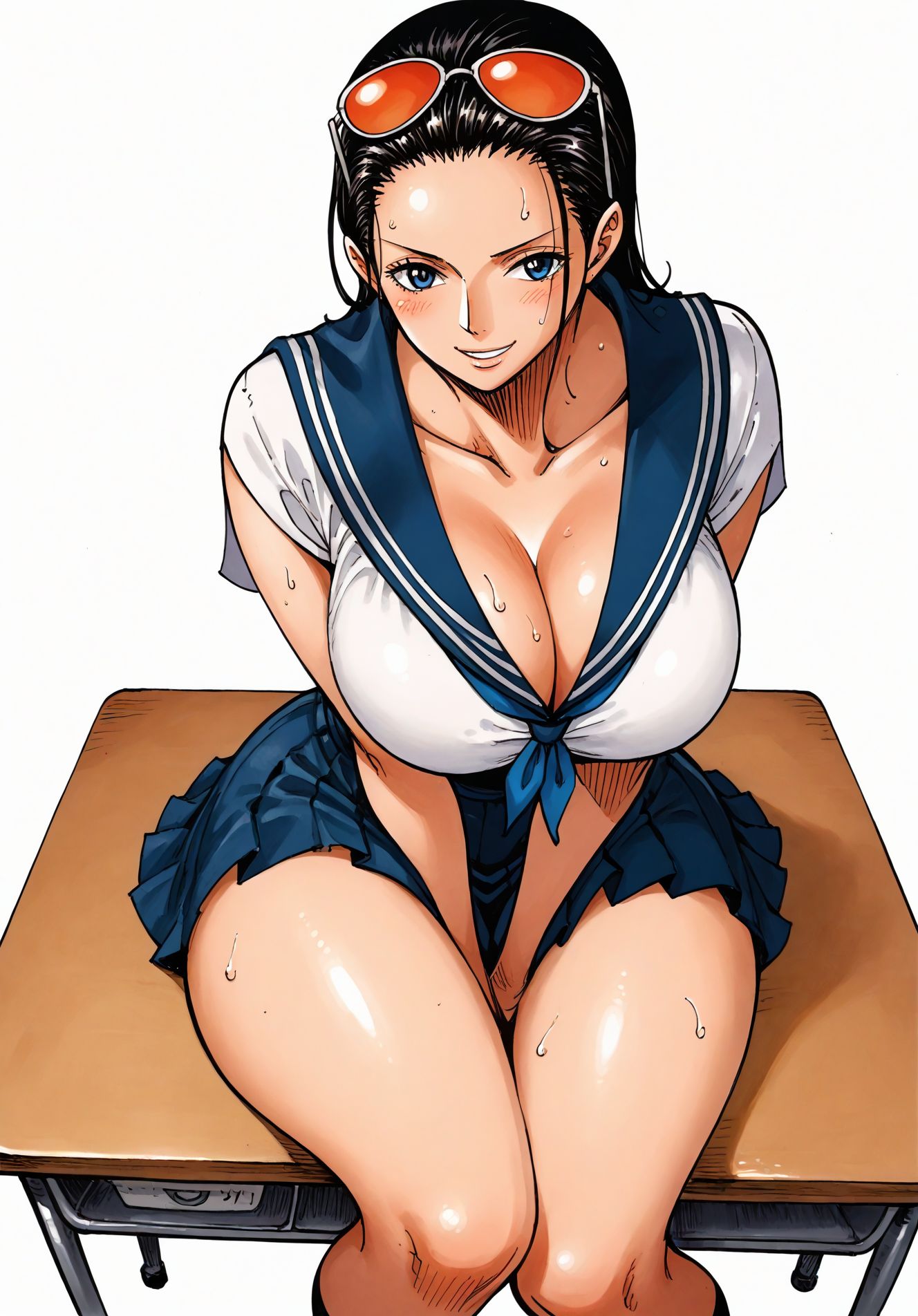 ai_generated alluring almost_naked almost_nude big_breasts blue_eyes blush breasts female female_only glasses glasses_on_head long_hair looking_at_viewer massive_breasts nico_robin one_piece school_girl school_uniform schoolgirl schoolgirl_uniform seducing seduction seductive seductive_body seductive_eyes seductive_gaze seductive_look seductive_mouth seductive_pose shiny_hair shiny_skin skirt sunglasses sunglasses_on_head sweat sweatdrop sweating sweaty sweaty_body uniform voluptuous voluptuous_female yashin