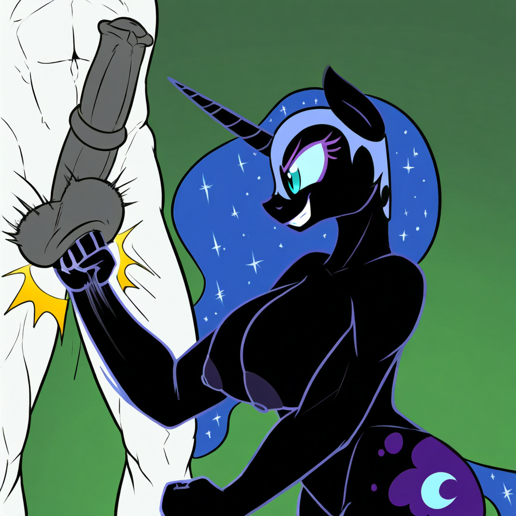 ai_generated anthro ballbusting black_body black_fur cock_and_ball_torture dark_persona female friendship_is_magic furry grin hasbro my_little_pony nightmare_moon_(mlp) princess_luna_(mlp) punch punching smile torture