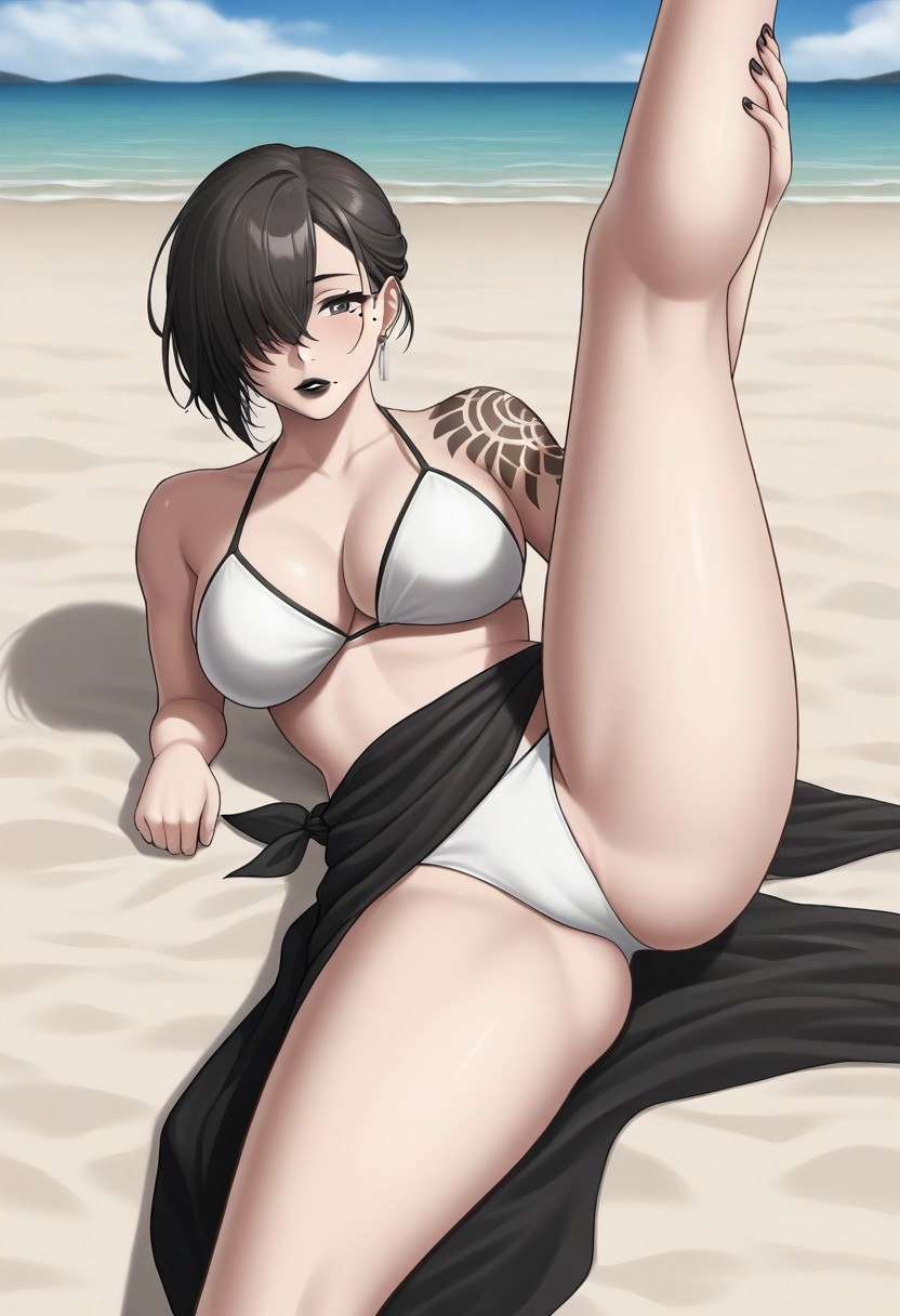 ai_generated akeha beach bikini black_hair black_lipstick female female_only looking_at_viewer nier_(series) nier_reincarnation one_leg_up pale-skinned_female white_bikini