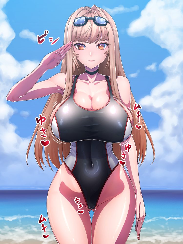 ass_visible_through_thighs black_choker black_one-piece_swimsuit bouncing_breasts breasts brown_eyes brown_hair cameltoe choker cleavage competition_swimsuit covered_navel female goddess_of_victory:_nikke goggles goggles_on_head highleg highleg_one-piece_swimsuit huge_breasts kemurin long_hair looking_at_viewer official_alternate_costume one-piece_swimsuit rapi_(classic_vacation)_(nikke) rapi_(nikke) salute solo swim_goggles swimsuit thighs twitter two-tone_swimsuit