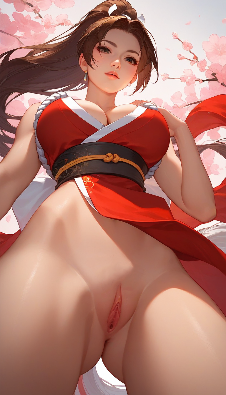 1girls 4:7 ai_generated ass_visible_through_thighs bare_arms breasts brown_eyes brown_hair cherry_blossoms cleavage earrings electroworld feet_out_of_frame female female_only from_below king_of_fighters large_breasts long_hair mai_shiranui no_panties pelvic_curtain pelvic_curtain_aside pussy shaved_pussy snk solo source_request standing