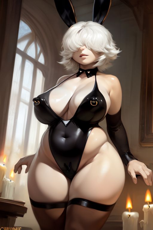 ai_generated arm_stockings bangs bangs_over_eyes black_latex bunny_ears chubby goth goth_girl hair_over_eyes huge_breasts latex latex_suit nipple_piercing original_character playboy_bunny short_hair stockings thick_thighs white_hair